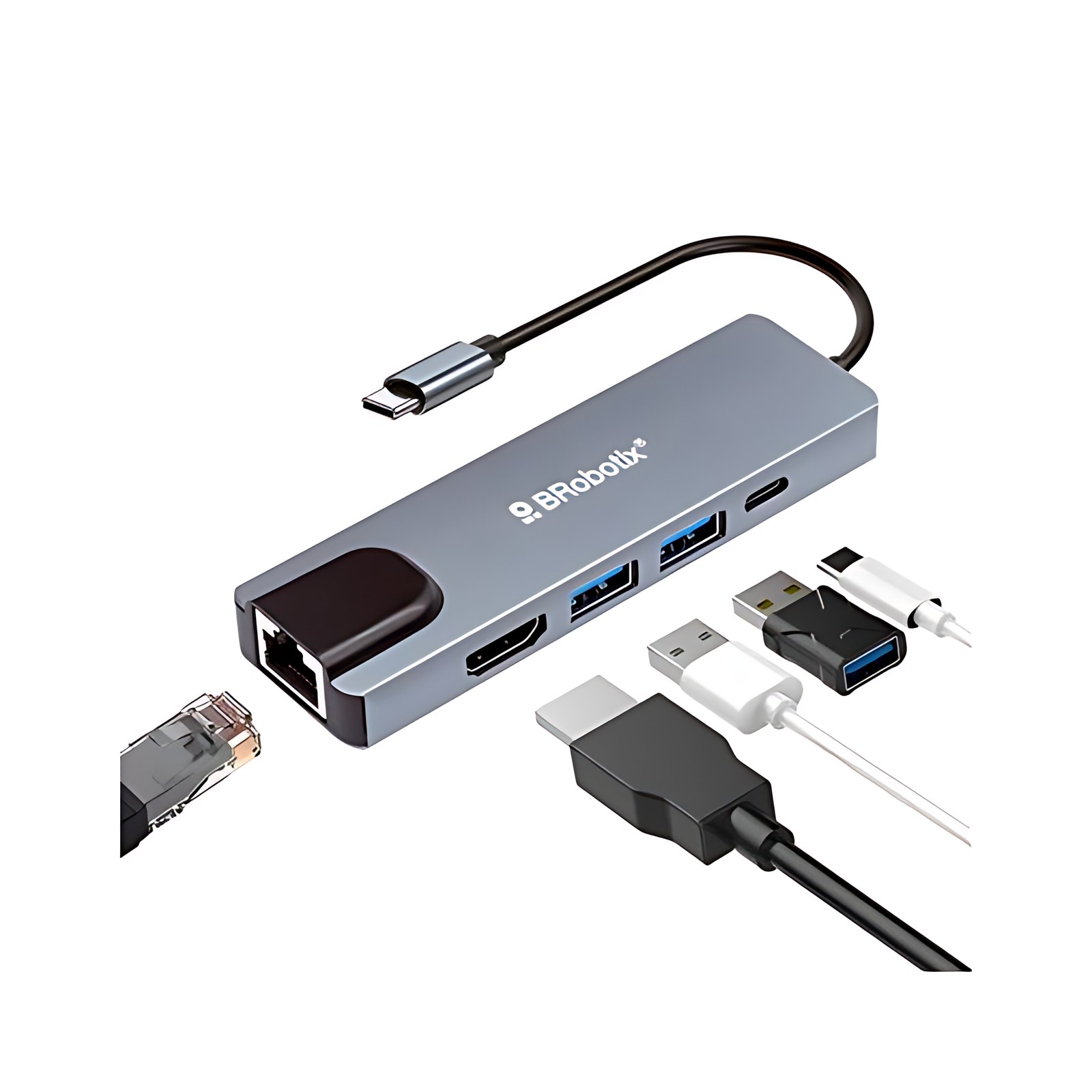 BROBOTIX DOCKING STATION USB C 5 EN 1 - HDMI , RJ45 GIGABIT , 2 USB V3.0, USB TIPO C - 1 Conexión USB Tipo C macho a (1 Puerto HDMI Hembra, 2 Puerto USB V3.0 Tipo A Hembra, 1 Puerto USB Tipo C Hembra,
