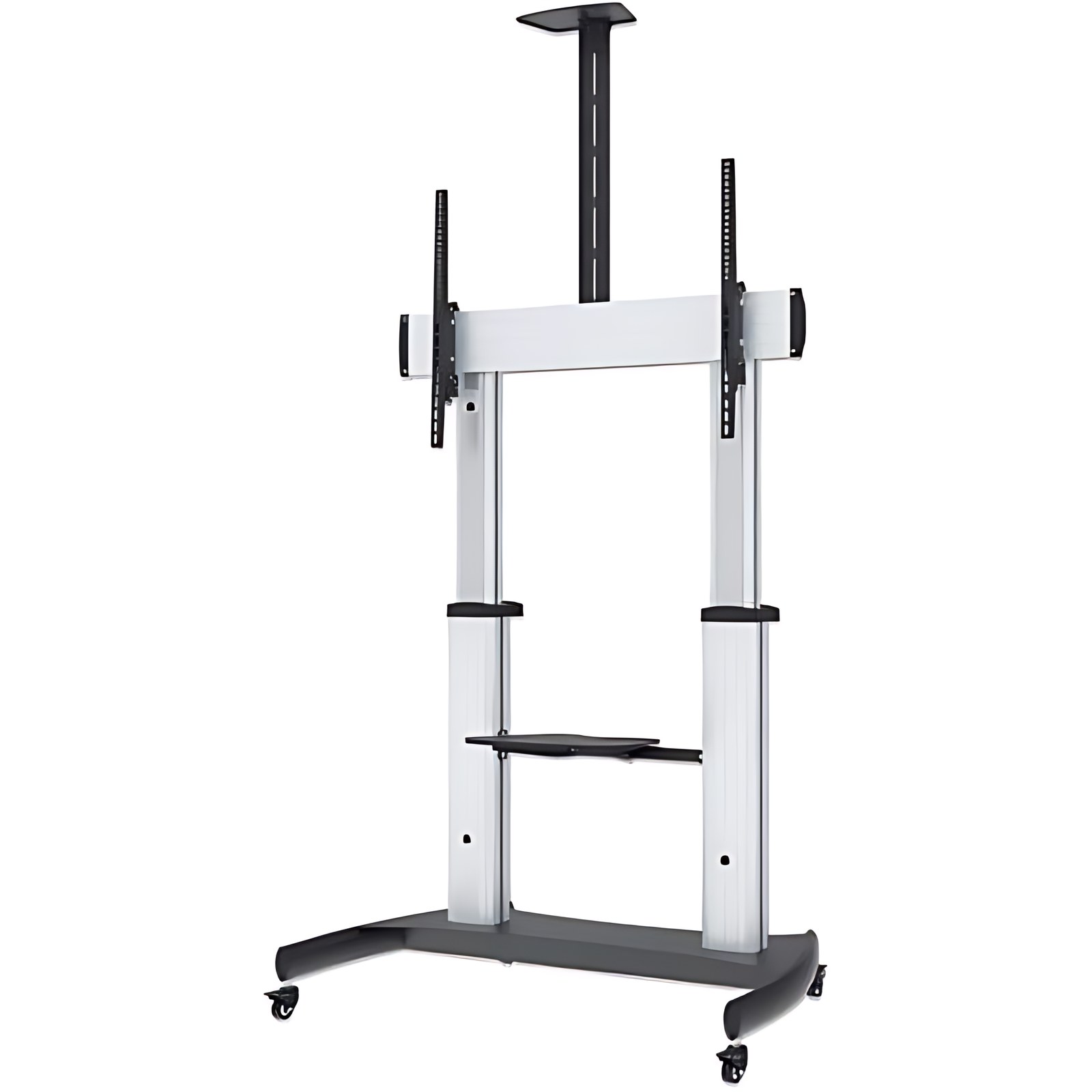 Soporte De Tv Tipo Carro Altura Ajustable Pantalla 60″ A 100″plateado Y Negro – 100kg Capacidad – 4 Ruedas – Aluminio – 709.9mm Longitud X 1220mm Ancho X 1889.8mm Altura – Plata, Negro