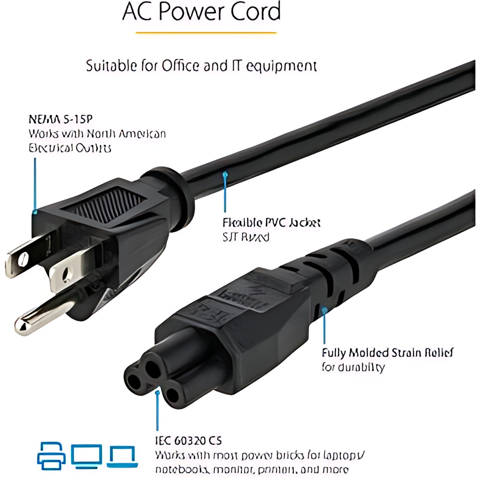 Startech.com Cable De 1.8m (6 Pies) De Alimentación Para Laptop, Cable De Corriente Nema 1-15p A C5 (mickey Mouse) Negro 10a 125v 18awg – Para Monitor, Portátil, Impresora, Escáner – Nema 5-15p / Iec 60320 C5 – 125 V Ac / 10a – Negro – 1 Solamente