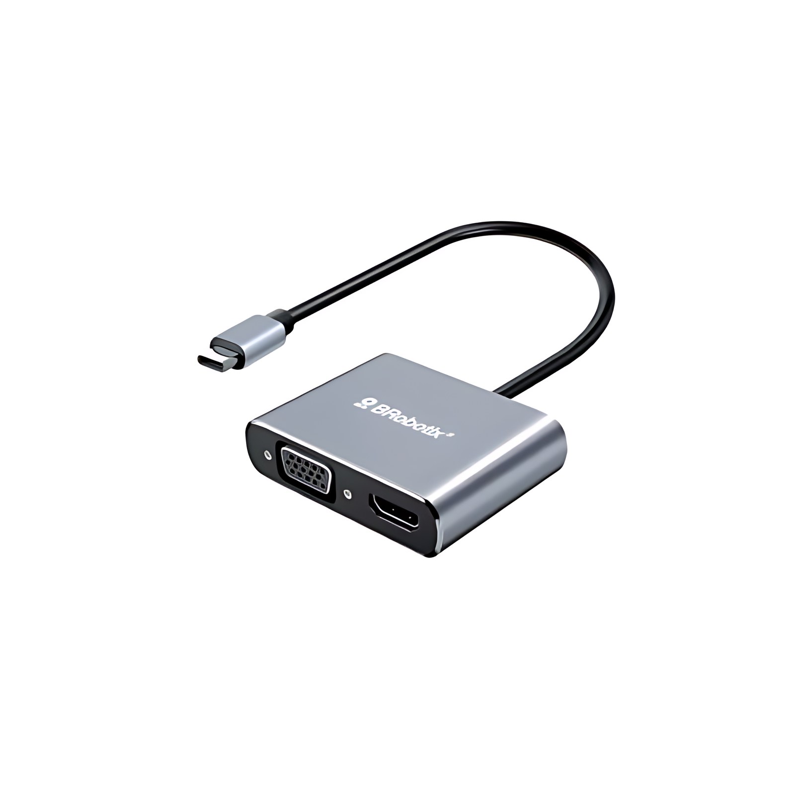 BROBOTIX  DOCKING STATION  USB C 4 EN 1 - HDMI , VGA , USB V3.0, USB TIPO C - 1 Conexión USB Tipo C macho a  (1 puerto VGA Hembra, 1 Puerto HDMI Hembra,  1 Puerto USB V3.0 Tipo A Hembra, 1 Puerto USB