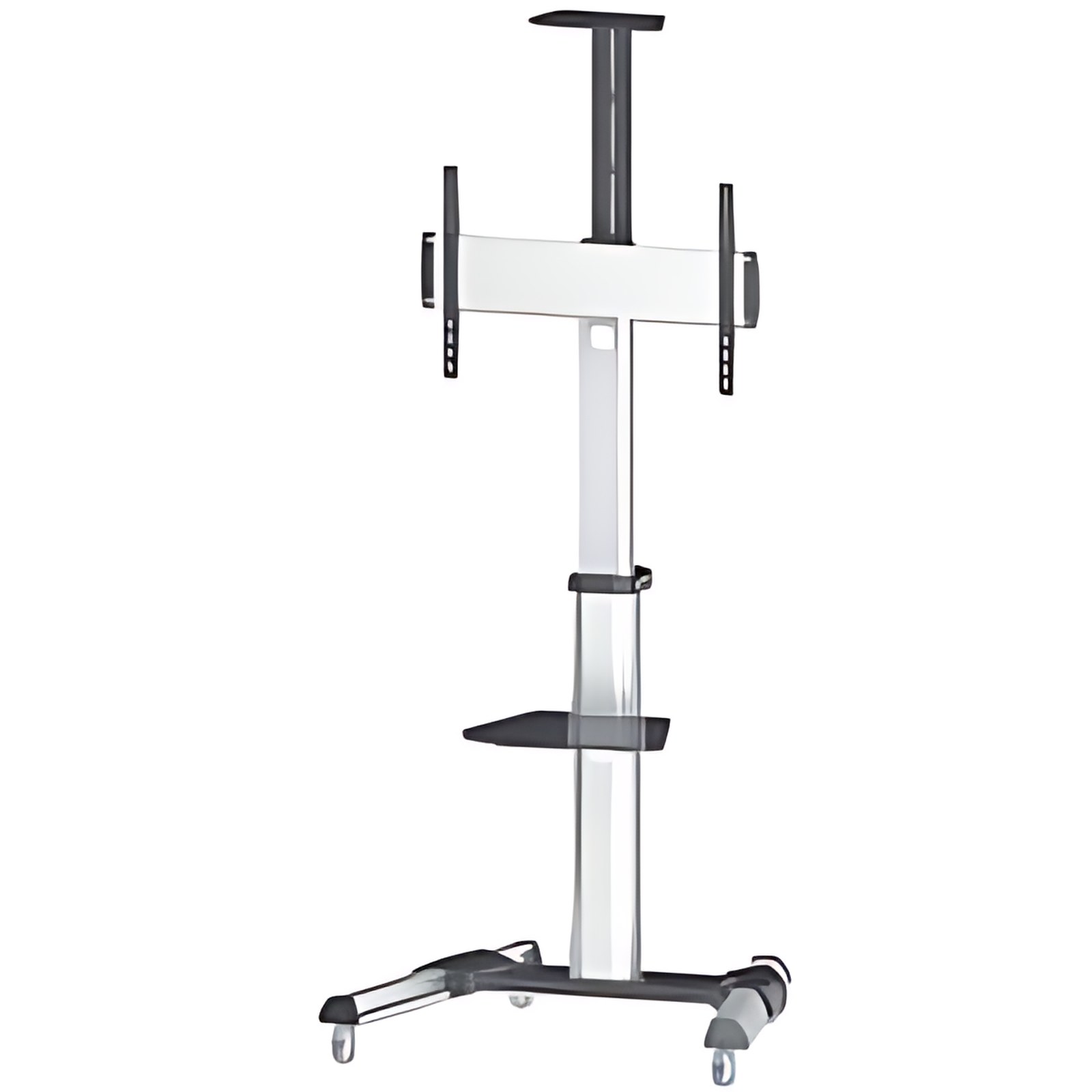 Soporte De Aluminio Tipo Carrito Pantalla 37″ A 86″ Repisas Removibles Plateado Y Negro – Hasta 177.8cm (70″) Para Pantalla Plana – 60kg Capacidad De Carga – 206.9cm Altura X 82.8cm Ancho X 70cm Profundidad – Negro, Plata – Inclinable, Retráctil, Estante Para Cámara, Estante Ajustable, Trabajo Pesado, Ruedecita, Gestión De Cableado, Rotación De 90°