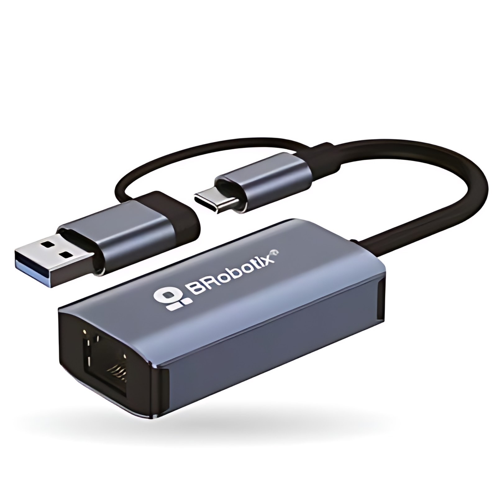 Brobotix Convertidor Usb V3.0 A Rj45 Que Agrega Conexión Ethernet Gigabit A Dispositivos Sin Puerto Lan. Incluye Conectores Usb-A Y  Usb-C Intercambiables, Led Indicador Y Diseño Portátil Plug-And-Play, Compatible Con Windows E Ios, Color Plata.