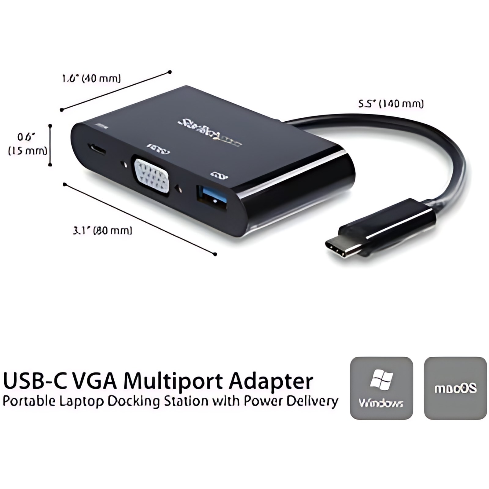 Startech.com Adaptador Multifunción De Viajes Usb-C A Vga Con Entrega De Potencia (power Delivery) Y Puerto Usb-A – Mini Docking Station – 3 X Puertos Usb – 3 X Usb 3.0 – Usb Tipo-C – Vga – Thunderbolt – Cableado