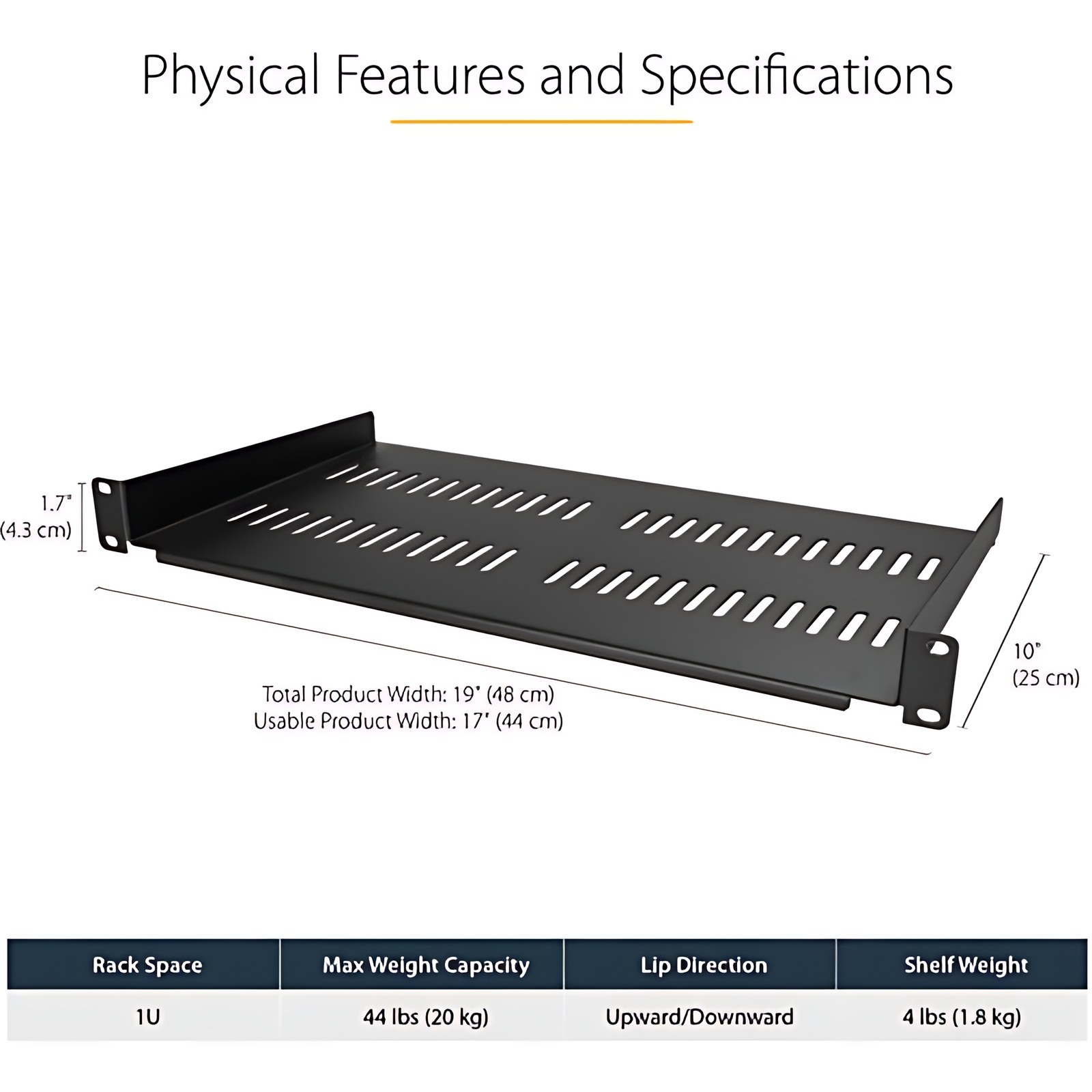 StarTech.com Charola Estante Ventilada de 1U para Gabinete Rack de Servidores de 19 Pulgadas - de 10"" (254mm) de Profundidad - Acero 23kg - Acero - 20.05kg Capacidad máxima de peso