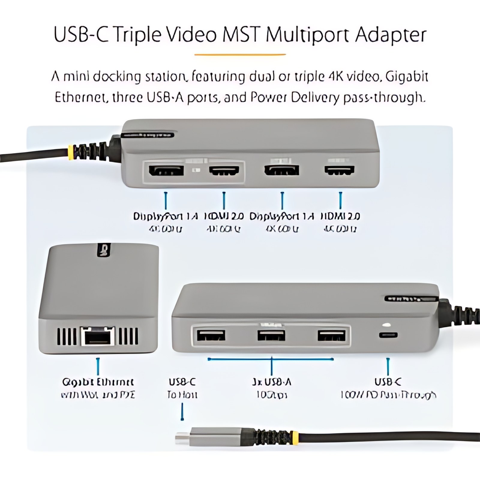 Startech.com Adaptador Multipuertos Usb-C Para 3 Monitores – 4k 60hz Doble + Hdmi Y Displayport 4k 30hz – Hub Usb De 3 Puertos – Pd 100w – 3 Pantallas Compatibles – 4k – 3840 X 2160 – 5 X Puertos Usb – 3 X Usb Type-A Ports – Usb Tipo-A – 2 X Usb Type-C Ports – Usb Tipo-C – 1 X Rj-45 Ports – Red (rj-45) – 2 X Puertos Hdmi – Hdmi – 2 X Displayports – Displayport – Cableado – Gigabit Ethernet – Windows 10, Windows 11, Windows 8.1 – 100w Usb Power Delivery