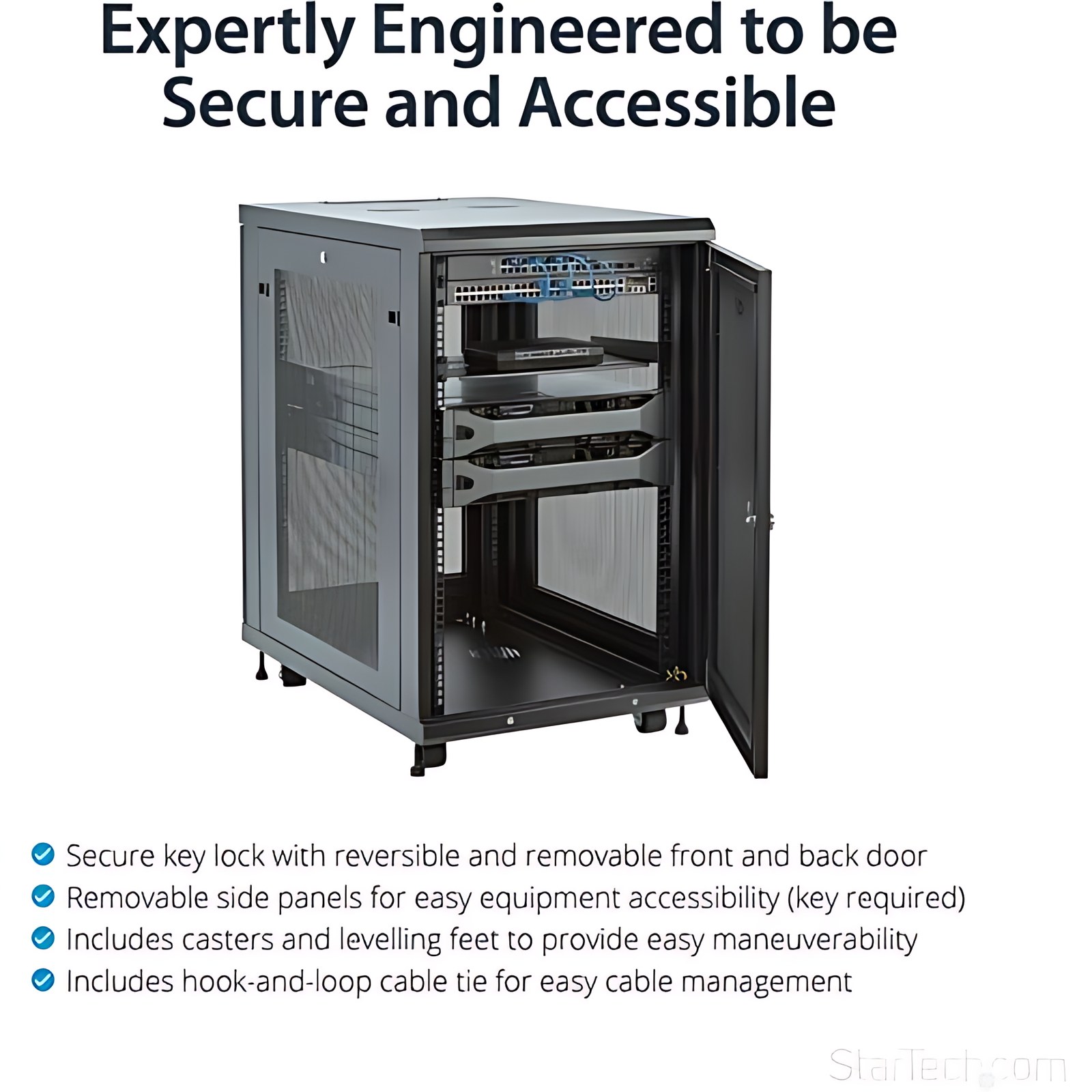 StarTech.com Gabinete Rack para Servidores 18U 19"" 4 Postes - Rack de Servidores con Rieles de Montaje Ajustables - Acero, Malla - 450kg Capacidad de Peso Estático