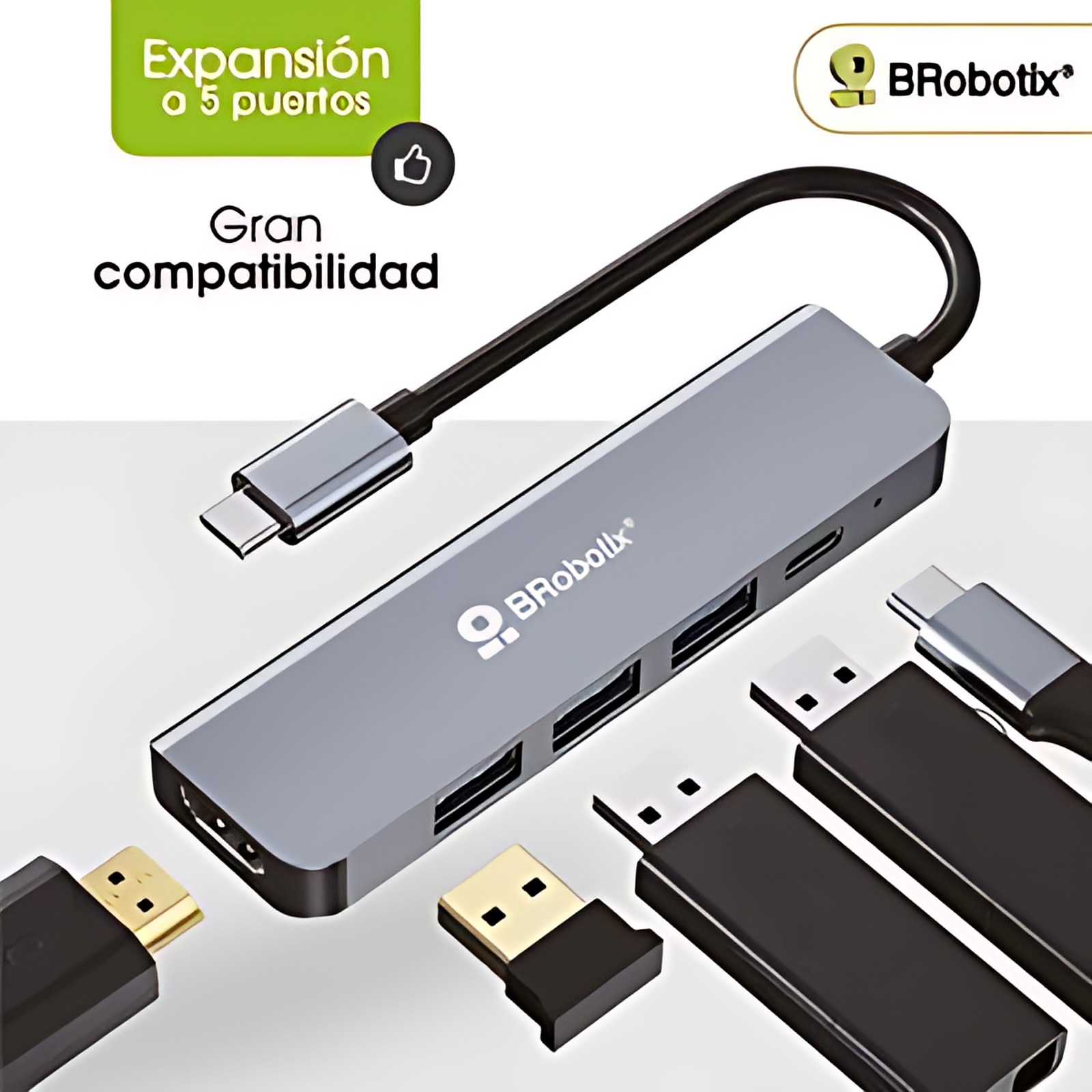 Brobotix Docking 5 En 1, Conector Usb Tipo C, Puertos Incluidos: 1 Puerto Hdmi Hembra, 1 Puerto Usb Tipo C Hembra, 3 Puertos Usb V3.0 Hembra, Longitud Del Cable 11 Cm, Color Plata