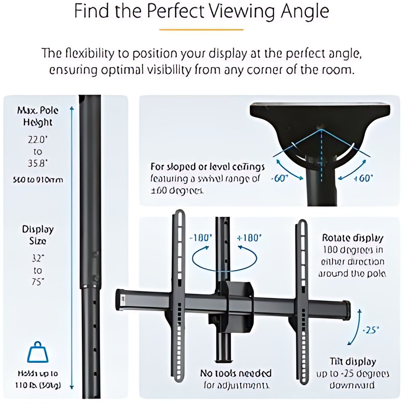 StarTech.com Soporte de Techo para TV - Soporte VESA de Cielo Raso para TV de 32" a 75" - Mástil de Altura Ajustable - Altura ajustable - 1 Pantalla(s) admitidas - 81.3cm a 190.5cm (75") para pantalla