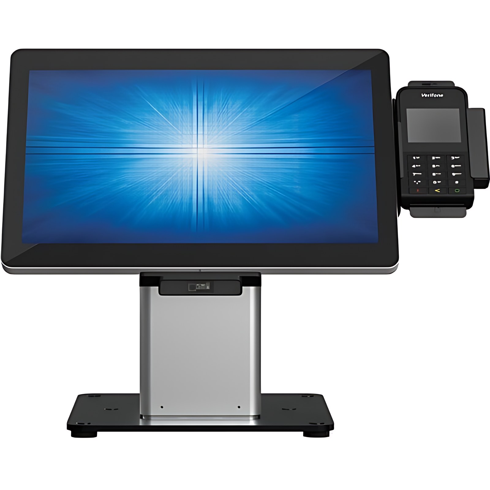 Elo Slim Soporte De Sobremesa Para Pantalla Táctil, Base, Lector De Código De Barras, Lector De Huellas Digitales, Cámara Web – Negro, Plata – 55.9cm (22″) Para Pantalla Plana