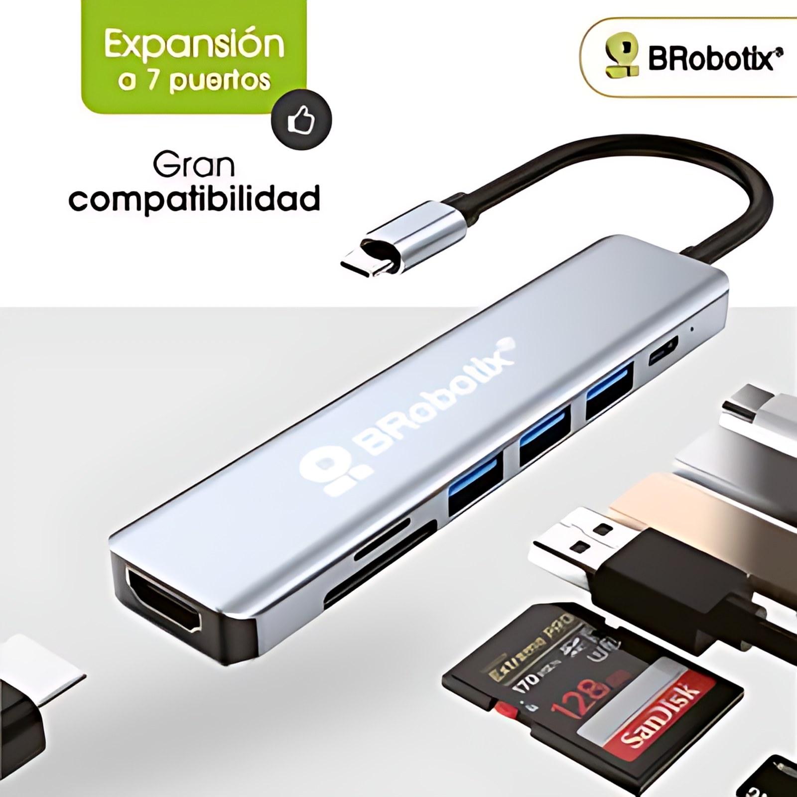 Brobotix Docking 7 En 1, Conector Usb-C, Un Puerto Usb Tipo C, Tres Puertos Usb Tipo A, Un Puerto Para Memoria Micro Sd, Un Puerto Para Tajeta Sd, Un Puerto Hdmi, Color Plata.