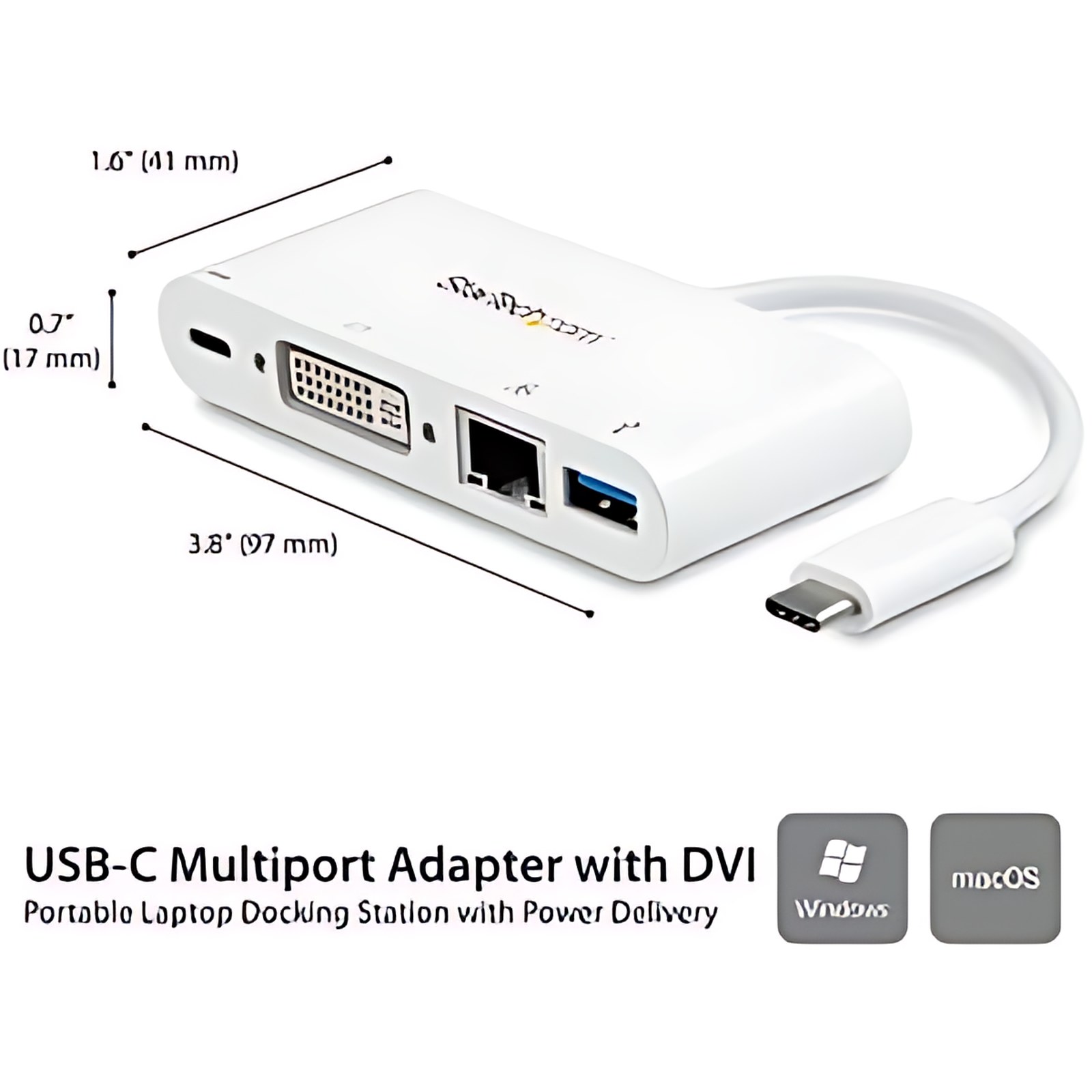 Startech.com Adaptador Multipuertos Usb C – Adaptador De Video Usb-C A Dvi-D Con Pd De 60w – Gbe – Usb-A – Dock Usb Type-C/Thunderbolt 3 – 1 Pantallas Compatibles – 1920 X 1200 – 2 X Puertos Usb – 2 X Usb 3.0 – Usb Tipo-A – Usb Tipo-C – Red (rj-45) – Dvi – Thunderbolt – Cableado – Gigabit Ethernet – Macos 14, Windows 7, Windows 8.1, Windows 10, Windows 11, Mac Os X 10.11 El Capitan, Mac Os X 10.15 Catalina, Mac Os X 11.0 Big Sur, Mac Os X 12.0 Monterey, Mac Os X 13.0 Ventura, Chromeos