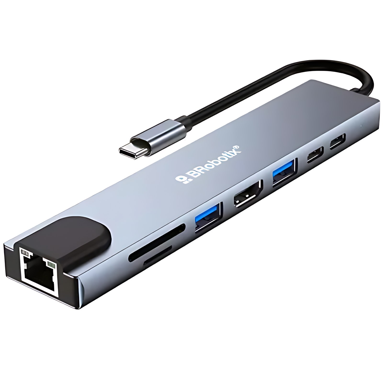 BROBOTIX DOCKING STATION USB C 8 EN 1 - HDMI , RJ45 GIGABIT , 2 USB V3.0, 2 USB TIPO C , 1 Lector de Tarjeta SD, 1 Lector de Tarjeta Micro SD - 1 Conexión USB Tipo C macho a (1 Puerto HDMI Hembra, 2 P