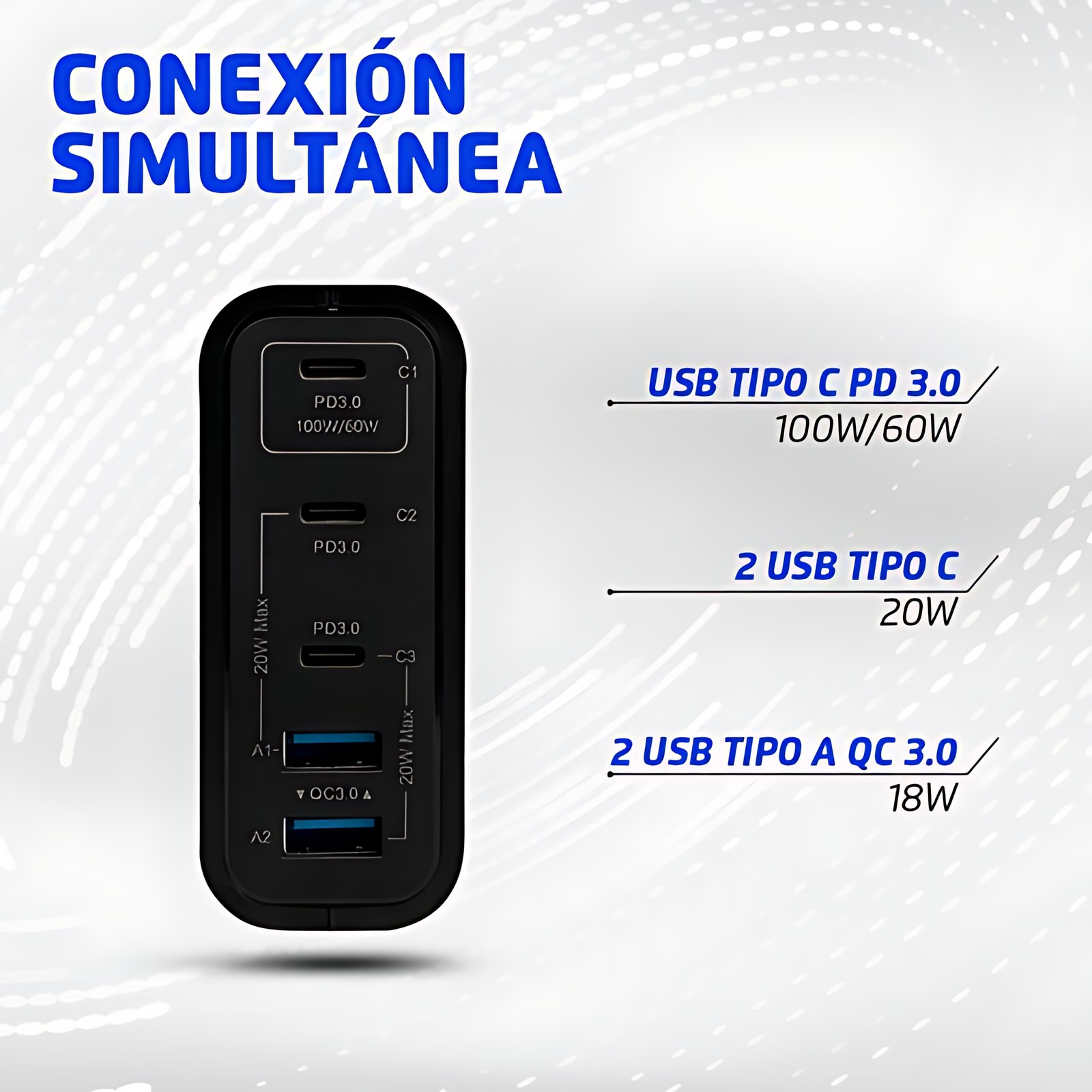 Cargador De Pared Vorago Au-600 Tipo C/ 100w/ 60w Y 20w /5 Puertos