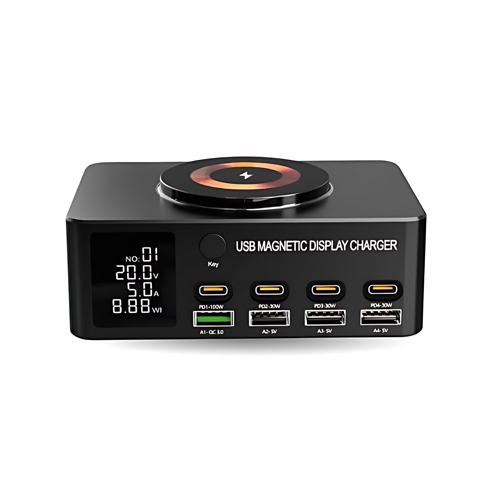 Brobotix Estación De Carga Magnética, Cuenta Con 4 Puertos Usb, 4 Puertos Tipo C, Un Transmisor De Carga Inalámbrica, 140w, Con Carga Rápida, Color Gris.