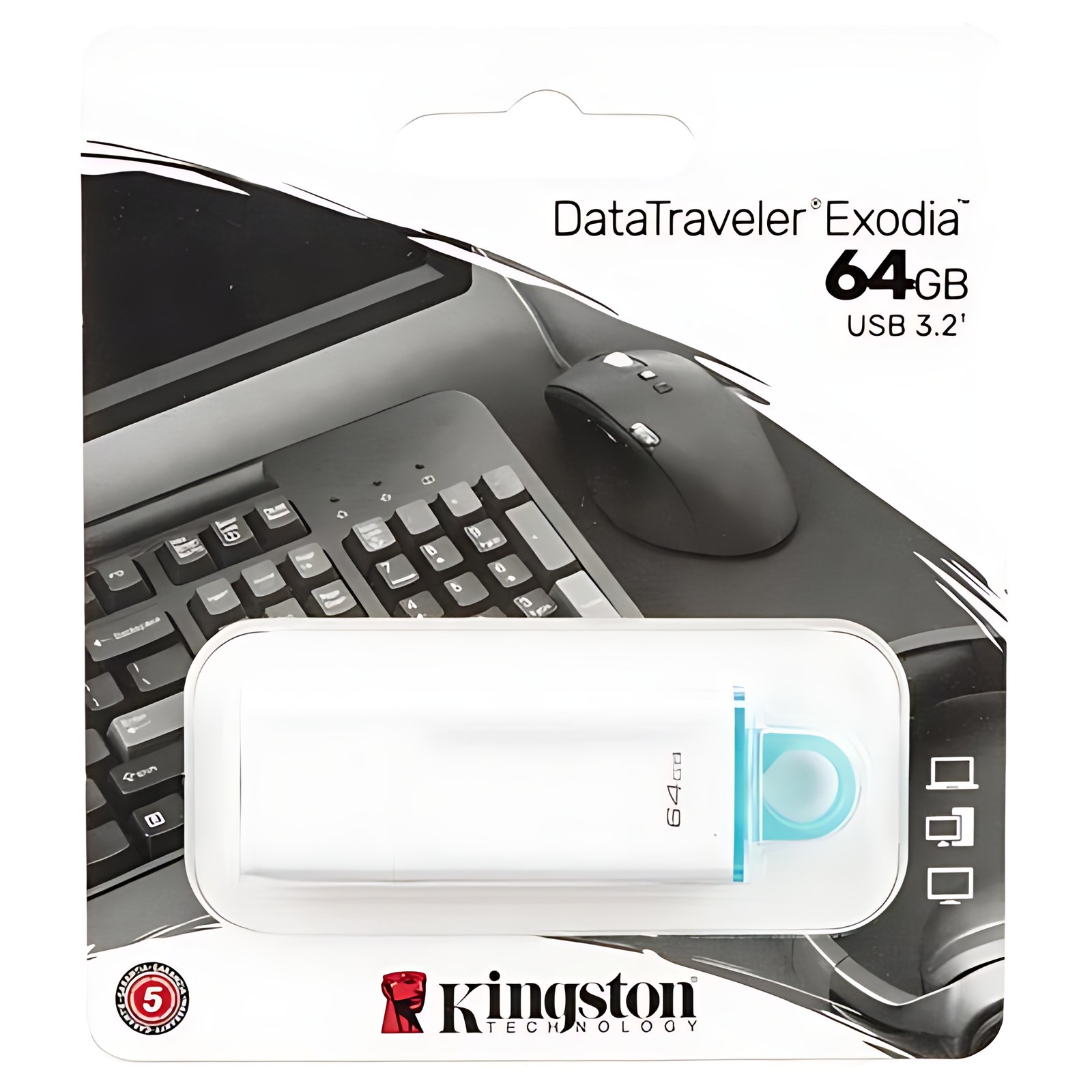 USB MEMORIA KINGSTON 64GB DT EXODIA BLANCO/ANILLO AZUL TRANSPARENTE