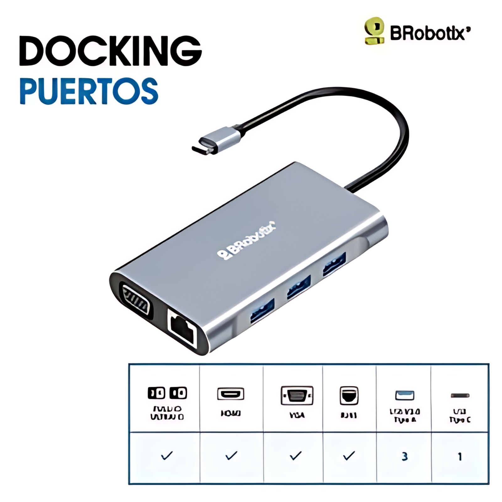 BRobotix Brobotix Docking 7 En 1 - Hdmi , Rj45 Gigabit , 3 Usb V3.0, Usb Tipo C , Vga - 1 Conexión Usb Tipo C Macho A (1 Puerto Hdmi Hembra, 3 Puertos Usb V3.0 Tipo A Hembra, 1 Puerto Usb Tipo C Hembra, 1 Puerto Rj45 Ethernet Gigabit 10/100/1000