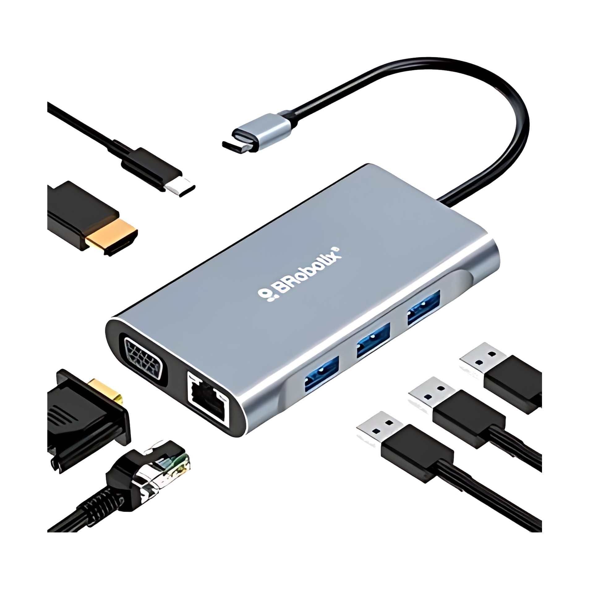 Hub USB C 7en1 BRobotix HDMI VGA RJ45 3USB3.0 Laptop MacBook, vista 4 de 6