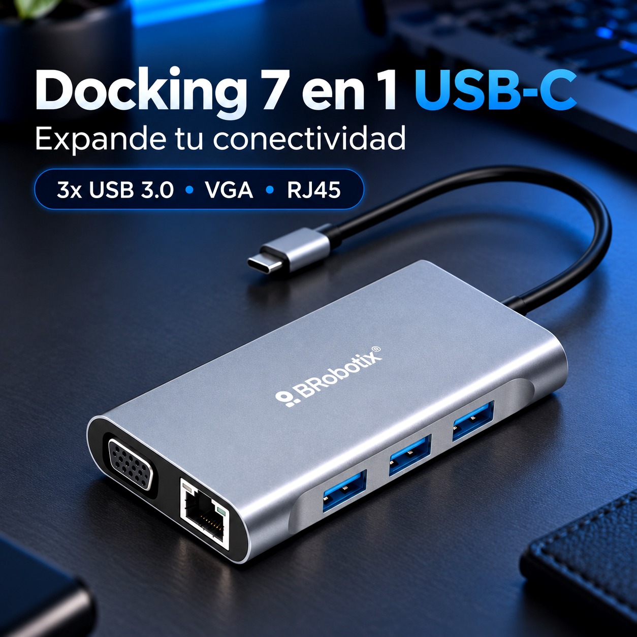 Hub USB C 7en1 BRobotix HDMI VGA RJ45 3USB3.0 Laptop MacBook, vista 5 de 6