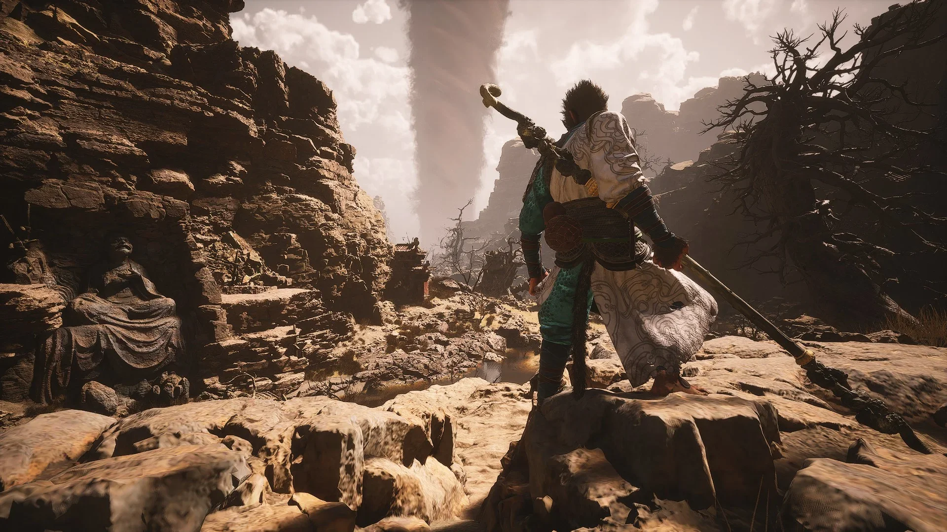 Black Myth: Wukong Chapter 2 landscape featuring Yellow Wind Ridge's desert cliffs and a giant sandstorm in the background