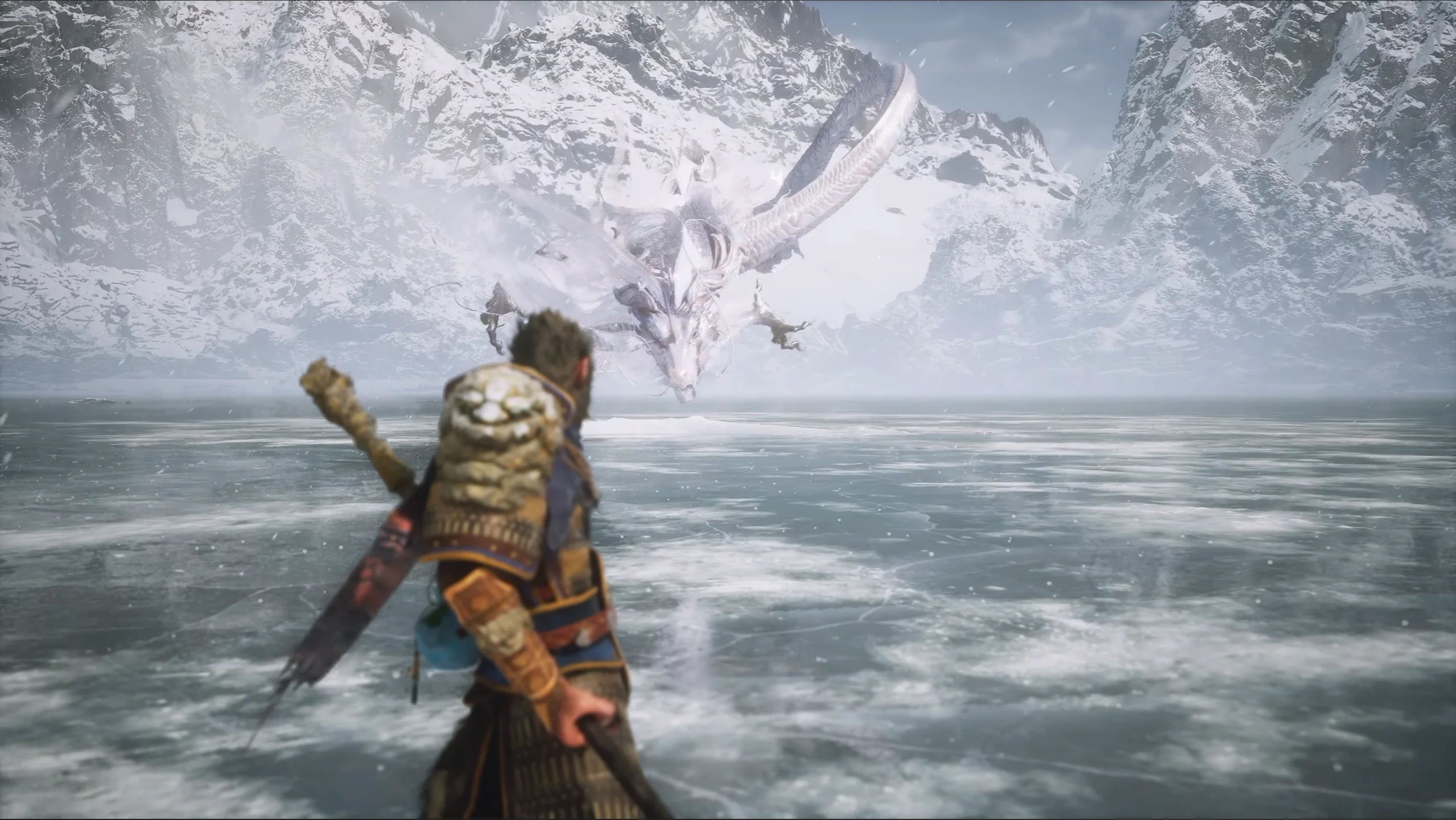 Black Myth: Wukong gameplay screenshot featuring the Kang-Jin Loong boss fight on a frozen lake in Chapter 3