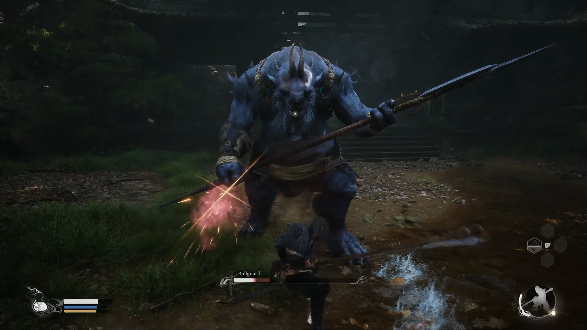 Bullguard fights the Destined One with a long spear in the opening chapter of Black Myth: Wukong.