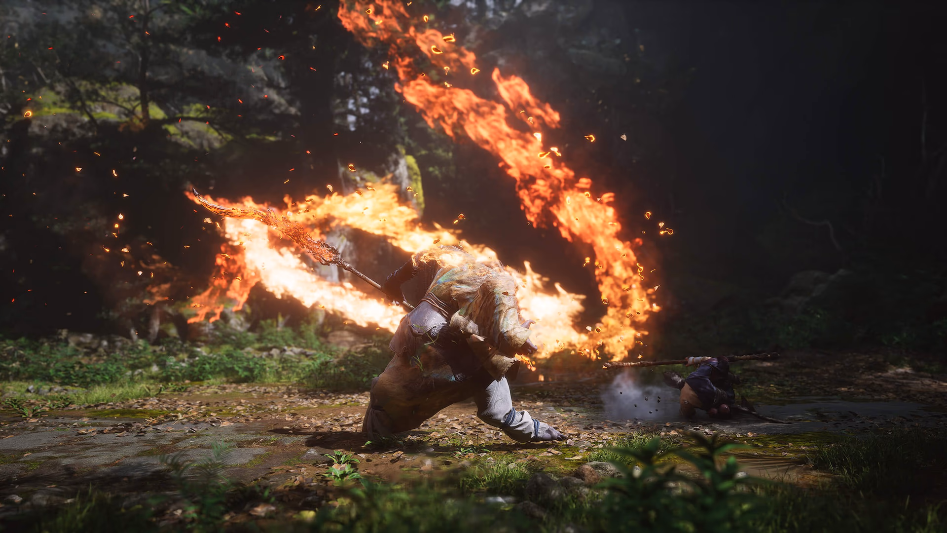 Guangzhi performs a fiery sweeping spear attack as the Destined One dodges across the arena in Black Myth: Wukong Chapter 1.