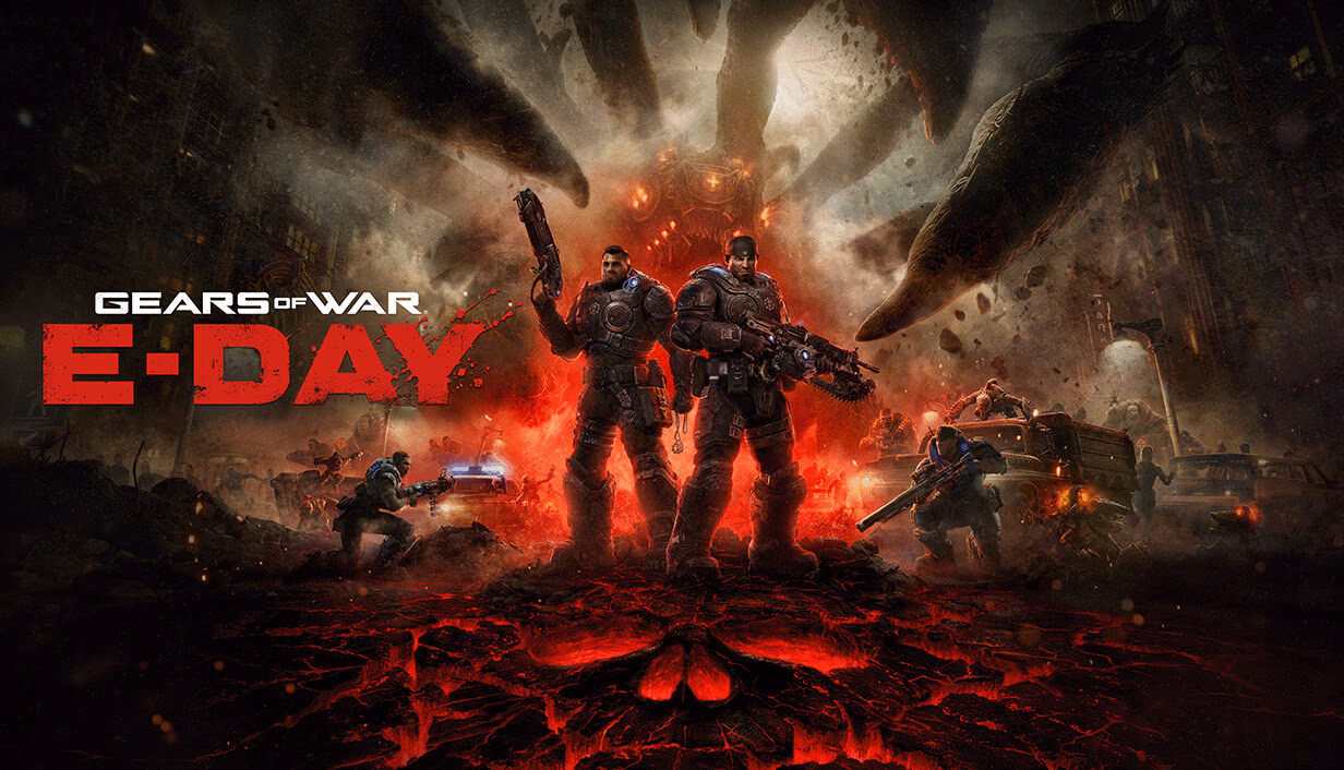 Gears of War: E-Day official key art featuring Marcus Fenix and Dominic Santiago