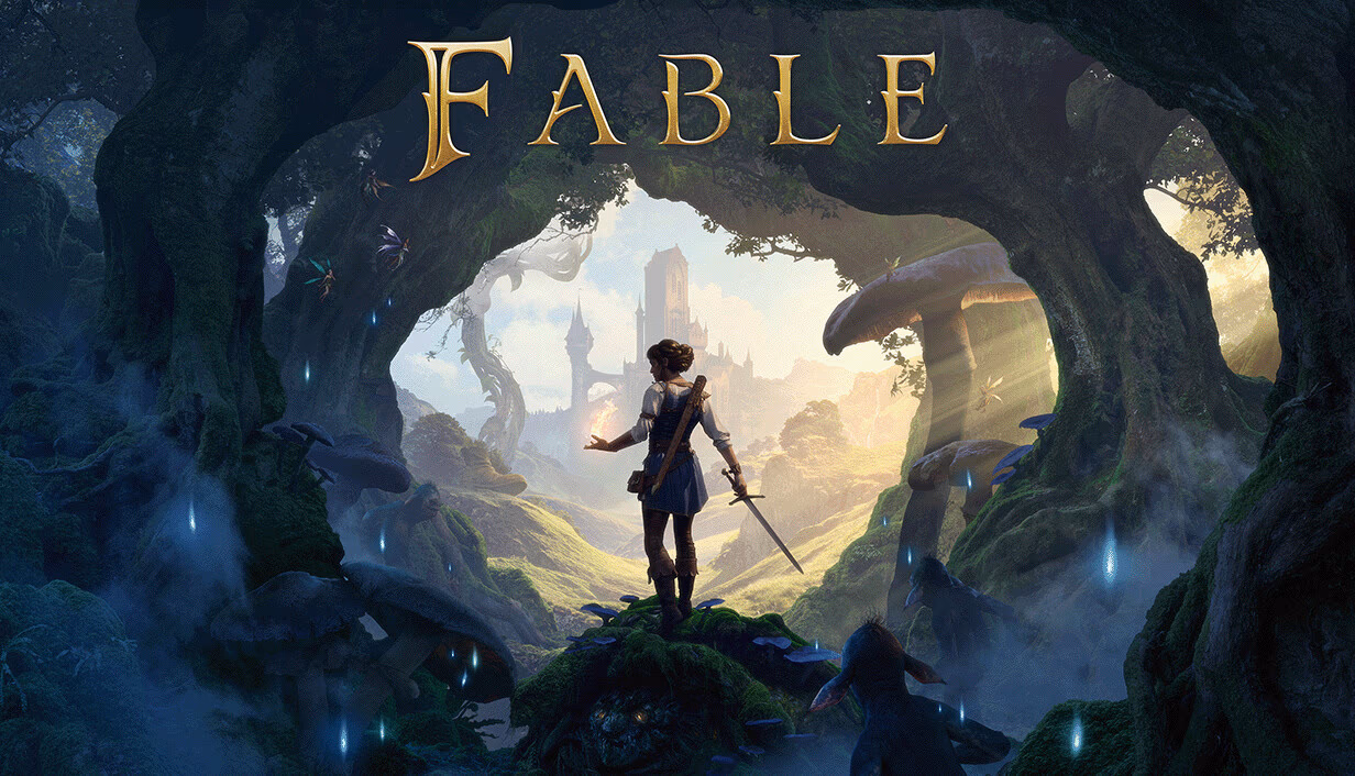 Official Fable key art featuring a hero overlooking the fantasy world of Albion.