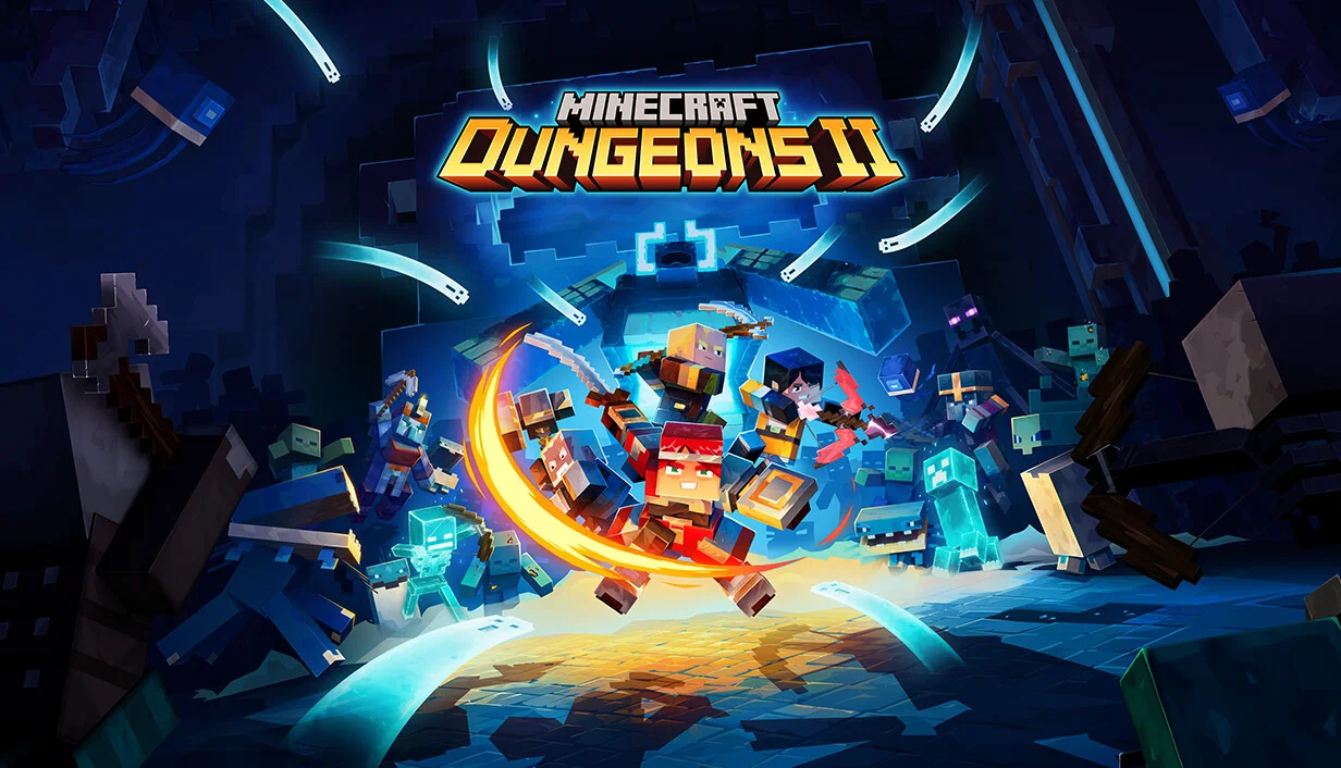 Official Minecraft Dungeons II key art featuring heroes battling dungeon enemies.
