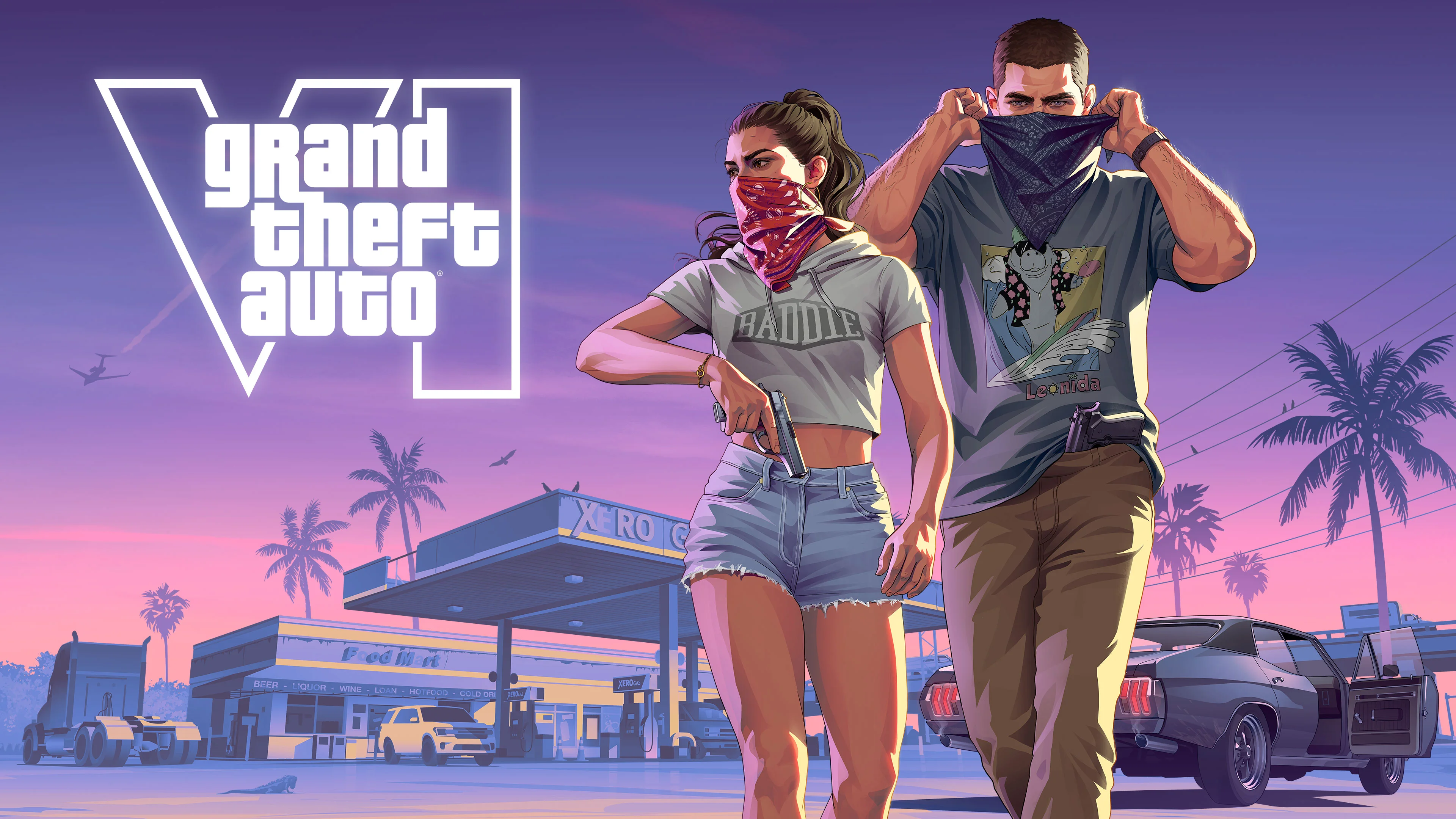 Grand Theft Auto VI key art showing Jason and Lucia outside a Vice City gas station.