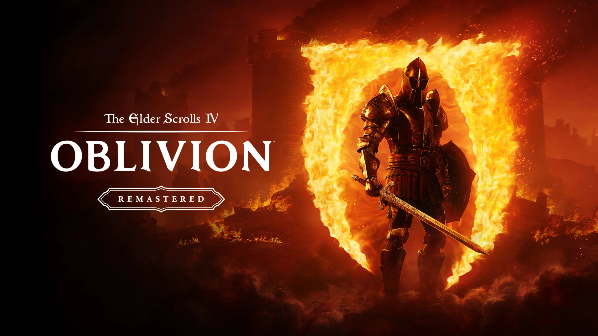 The Elder Scrolls IV: Oblivion Remastered key art featuring an armored warrior standing before a blazing Oblivion Gate