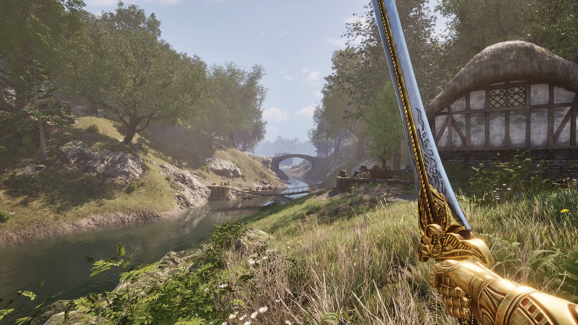 Oblivion Remastered gameplay showing a scenic river and village in Cyrodiil