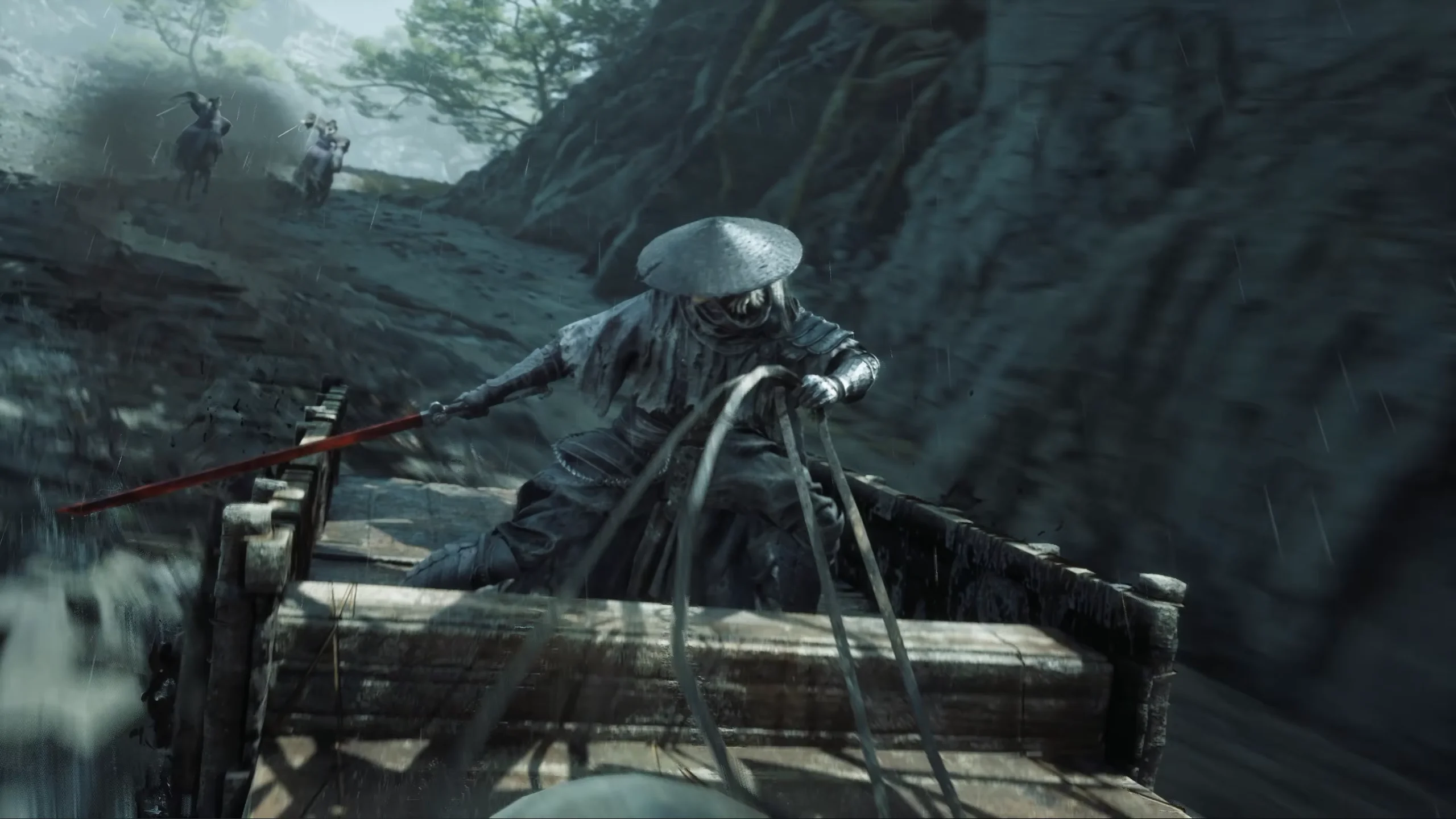 Phantom Blade Zero warrior fighting enemies on a wooden bridge in the rain