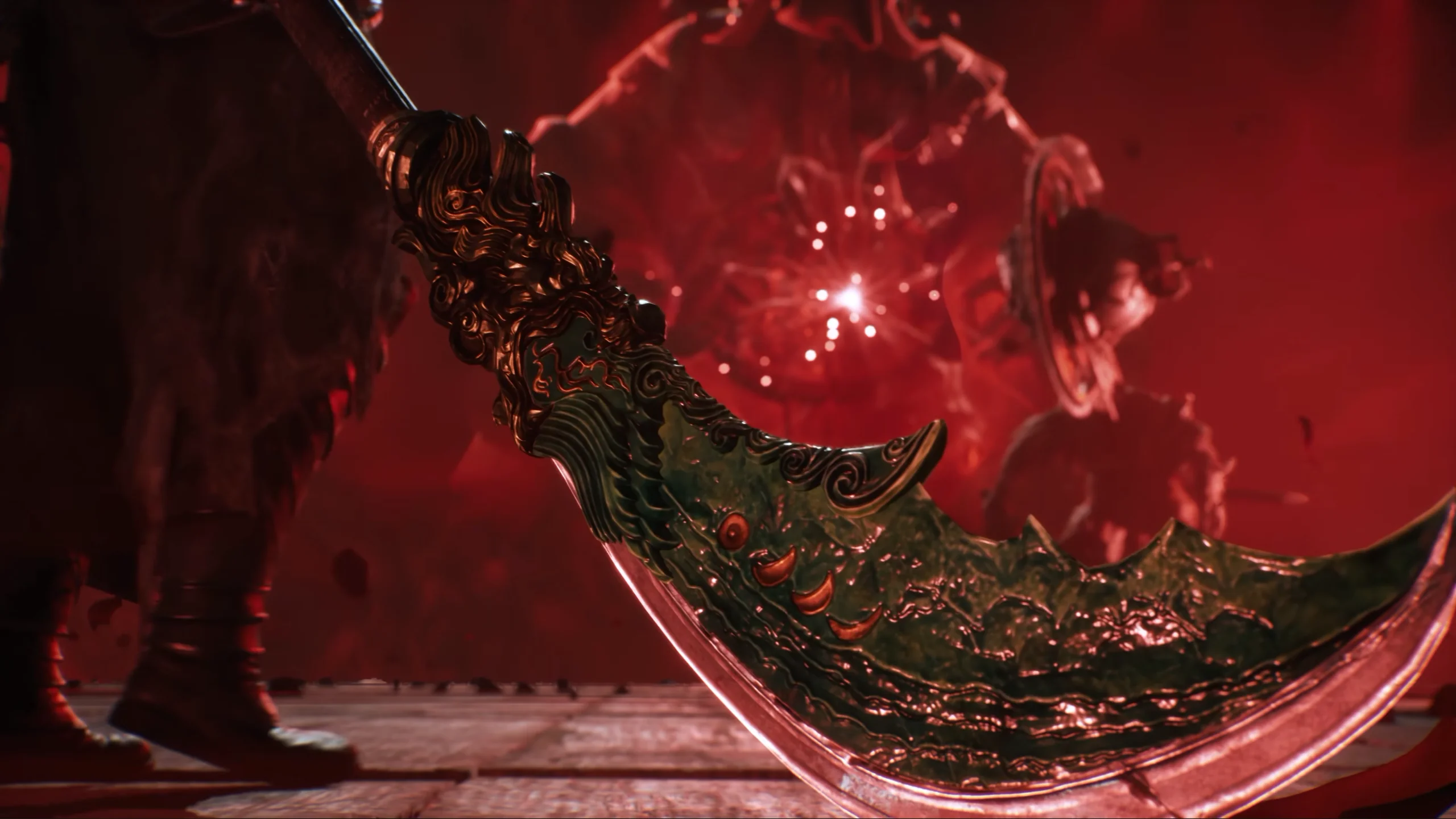 Phantom Blade Zero ornate curved blade shown during a red-lit combat scene