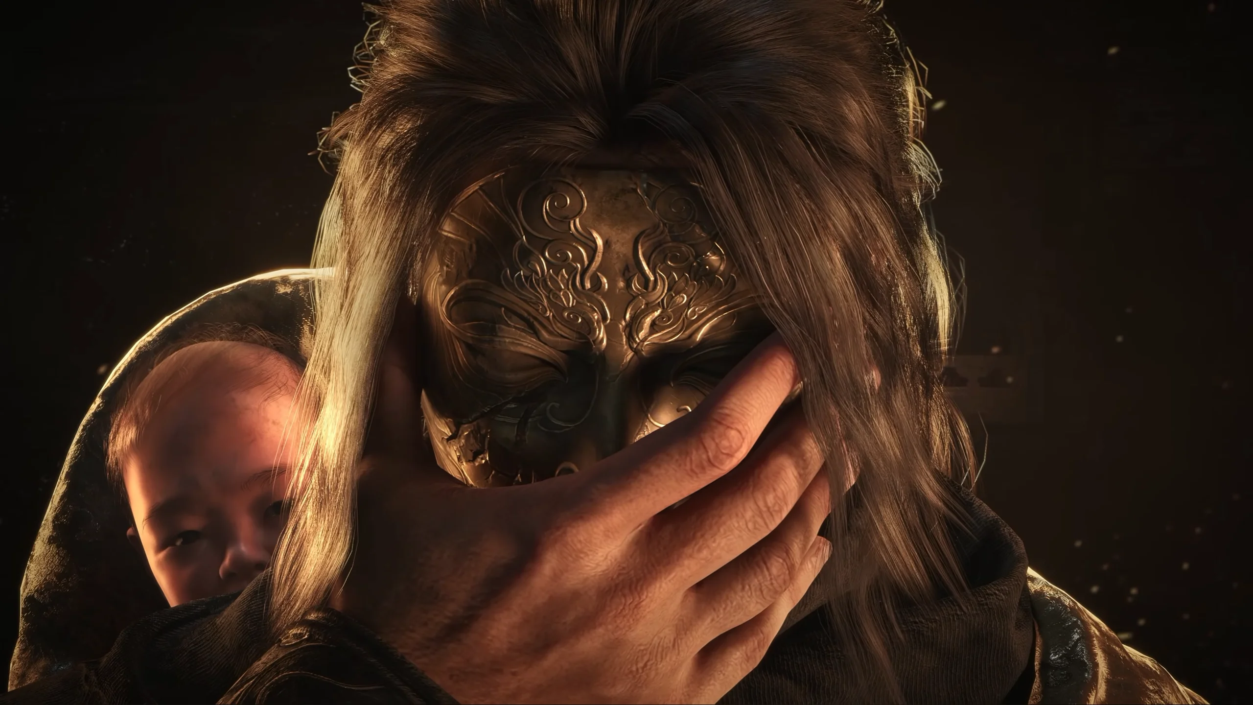 Phantom Blade Zero masked warrior holding a child in a dramatic scene