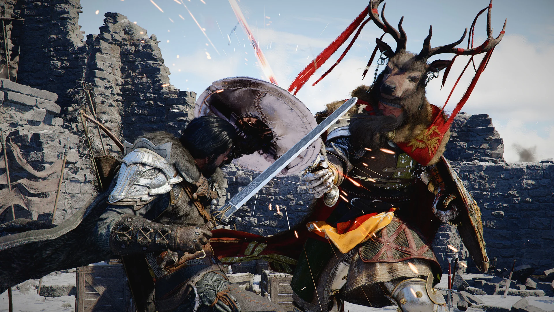 Crimson Desert protagonist Kliff clashes swords with a deer-headed armored enemy amid the ruins of a fortress.
