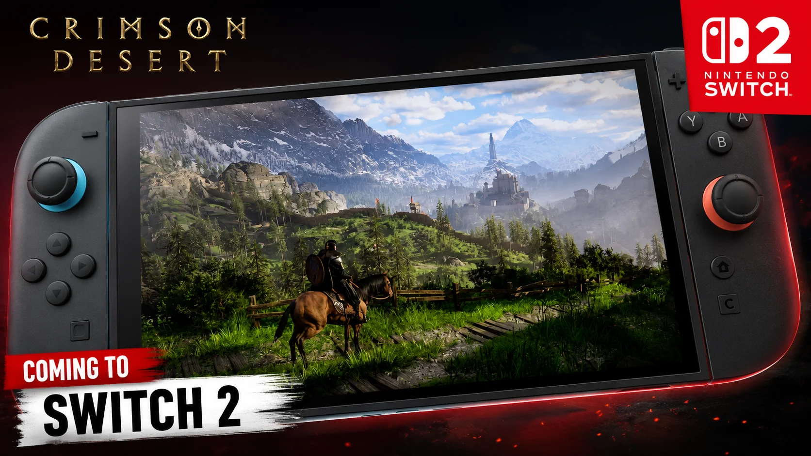 Crimson Desert gameplay displayed on a Nintendo Switch 2 handheld with promotional text announcing its upcoming release.