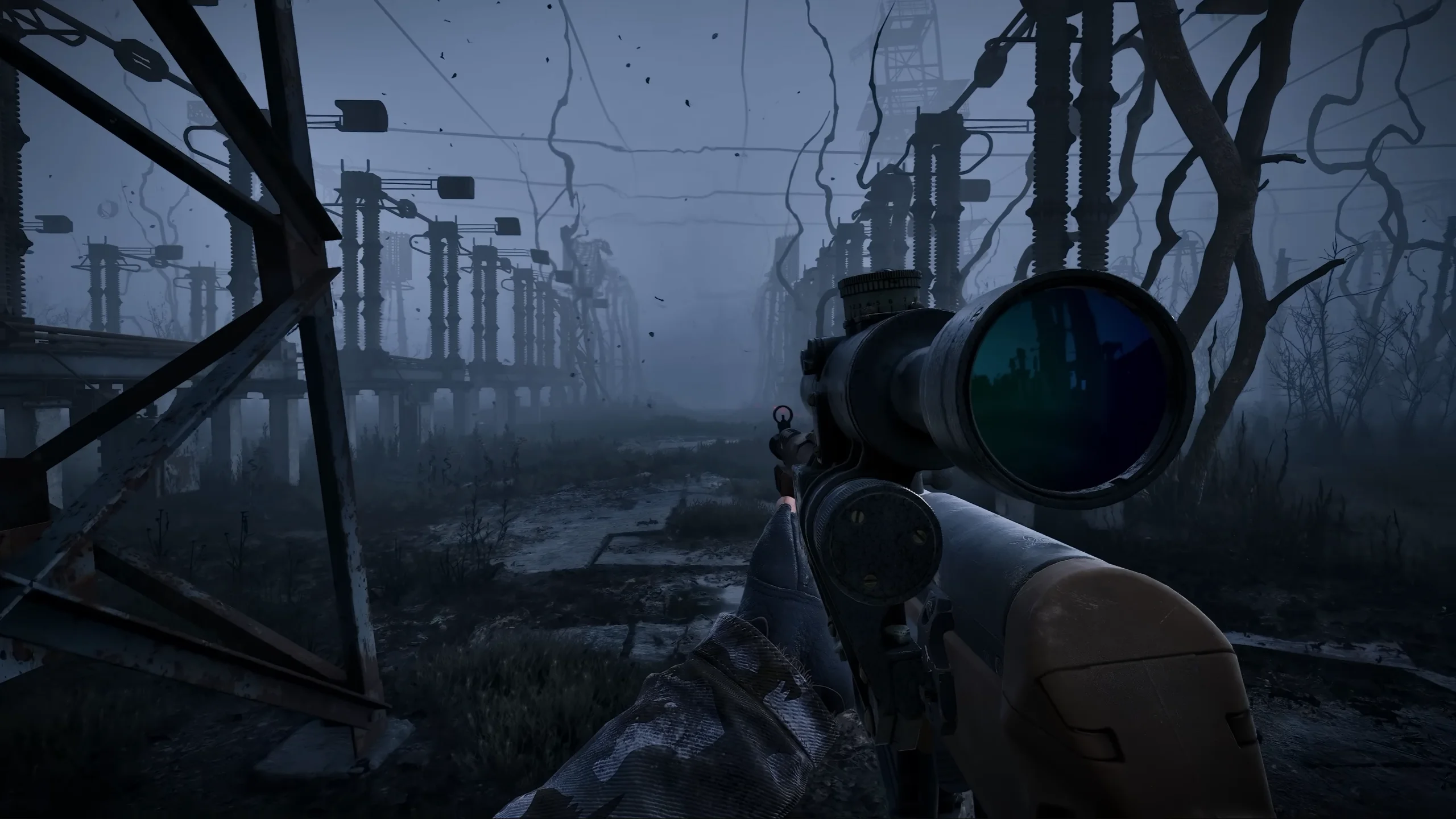 S.T.A.L.K.E.R. 2 screenshot showing a Stalker aiming a scoped rifle through a dark electrical area.