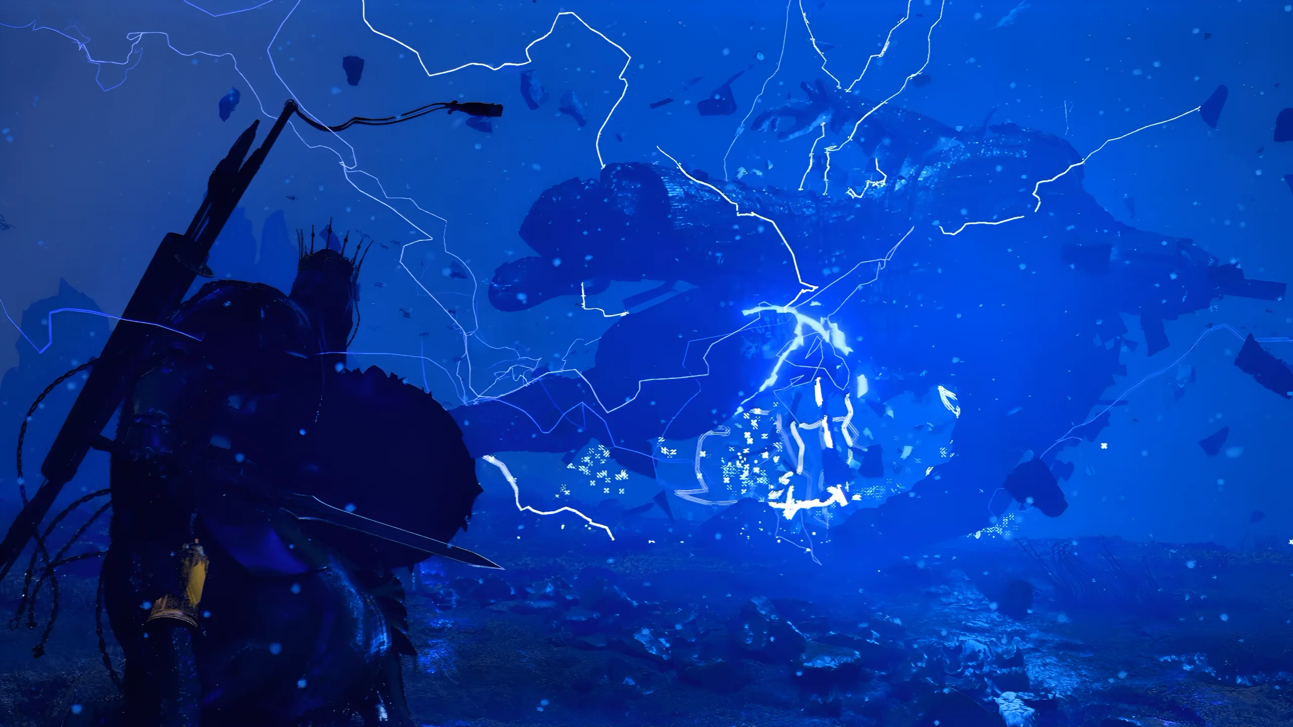 Crimson Desert boss fight during a lightning-filled Titan encounter