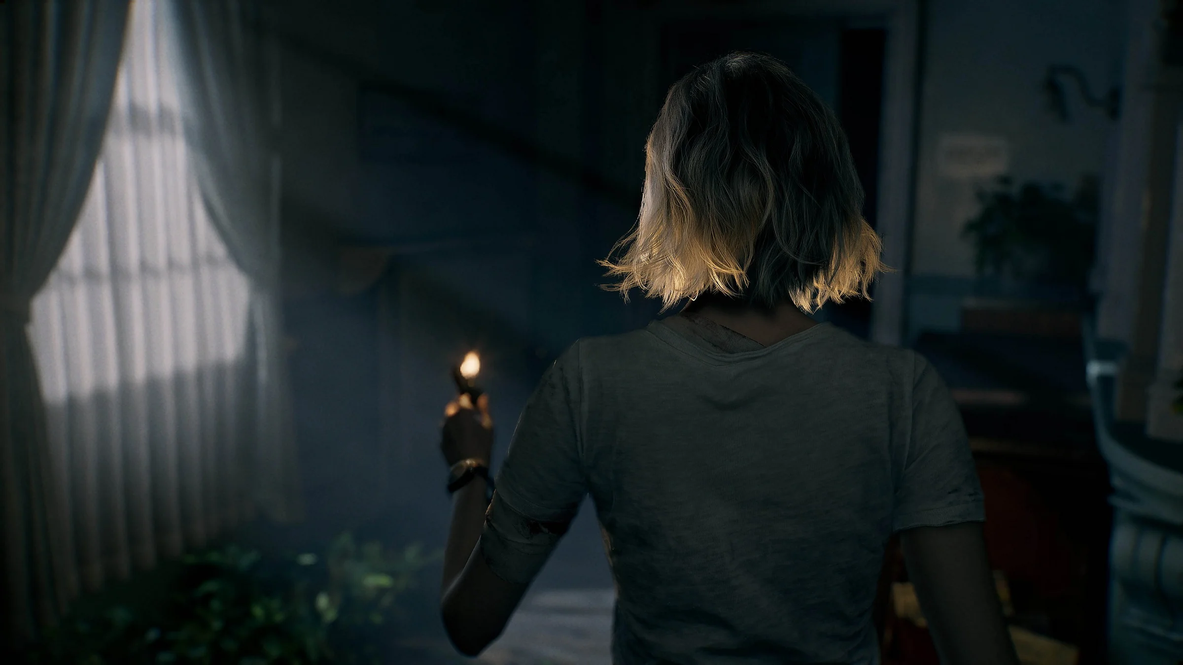 Grace Ashcroft holding a lighter while exploring a dark room in Resident Evil Requiem