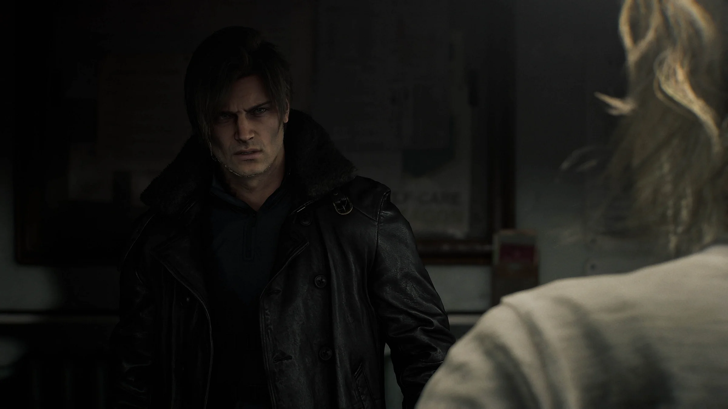 Leon S. Kennedy standing in a dimly lit room in Resident Evil Requiem