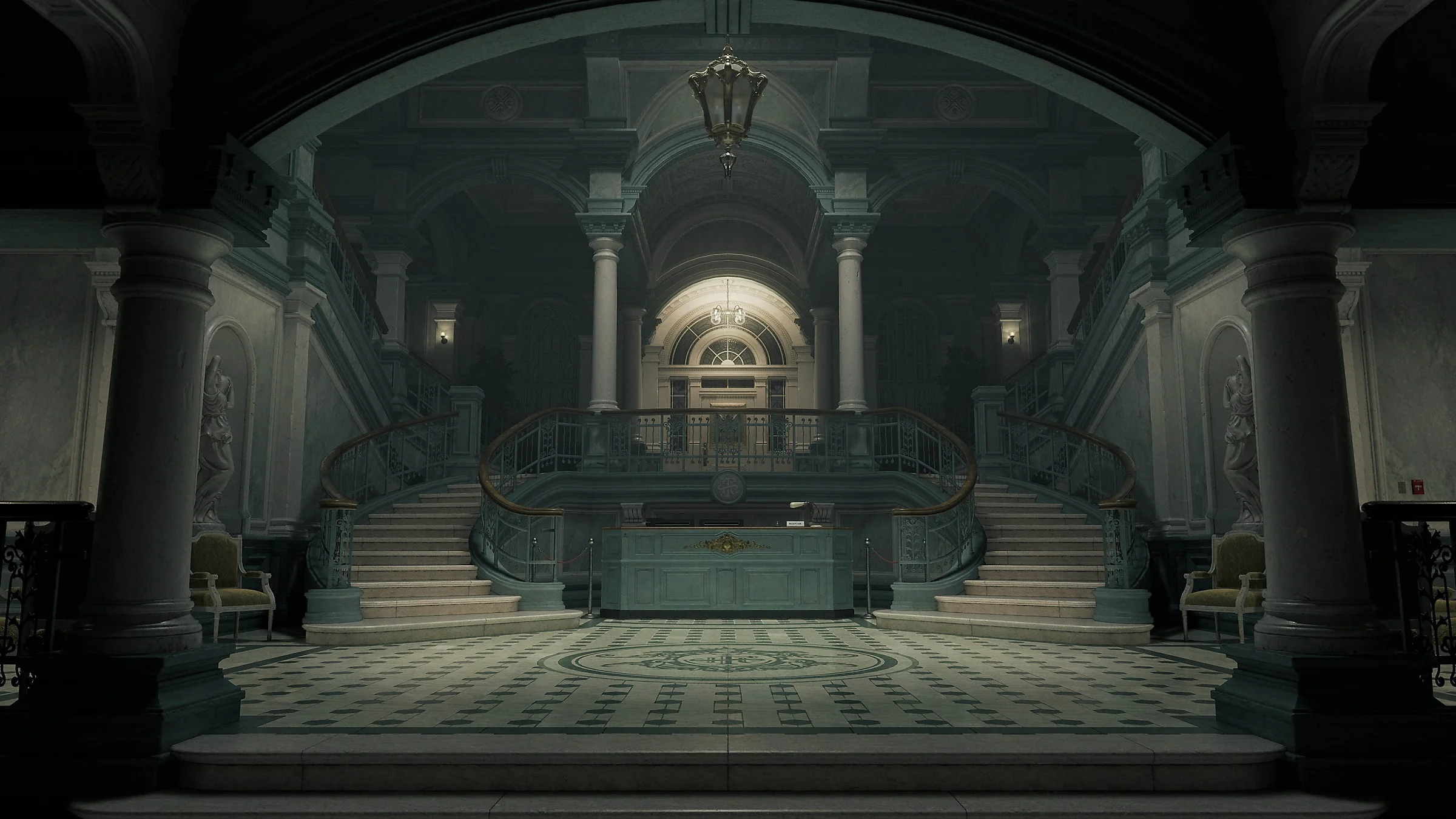 Wrenwood Hotel lobby with grand staircases and ornate architecture in Resident Evil Requiem