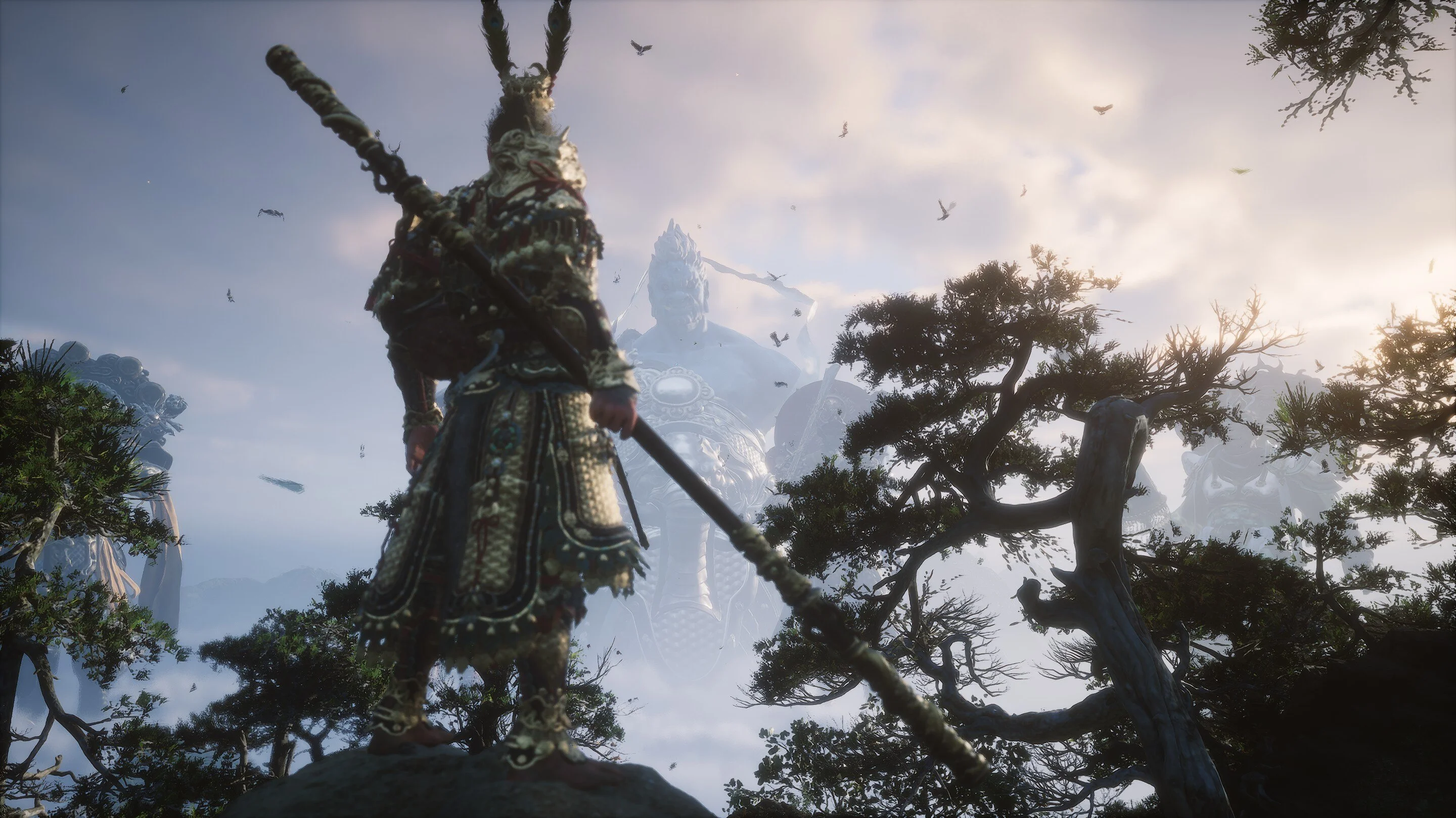 The Destined One stands before Erlang Shen and the Heavenly Court forces during the opening scene of Black Myth: Wukong.
