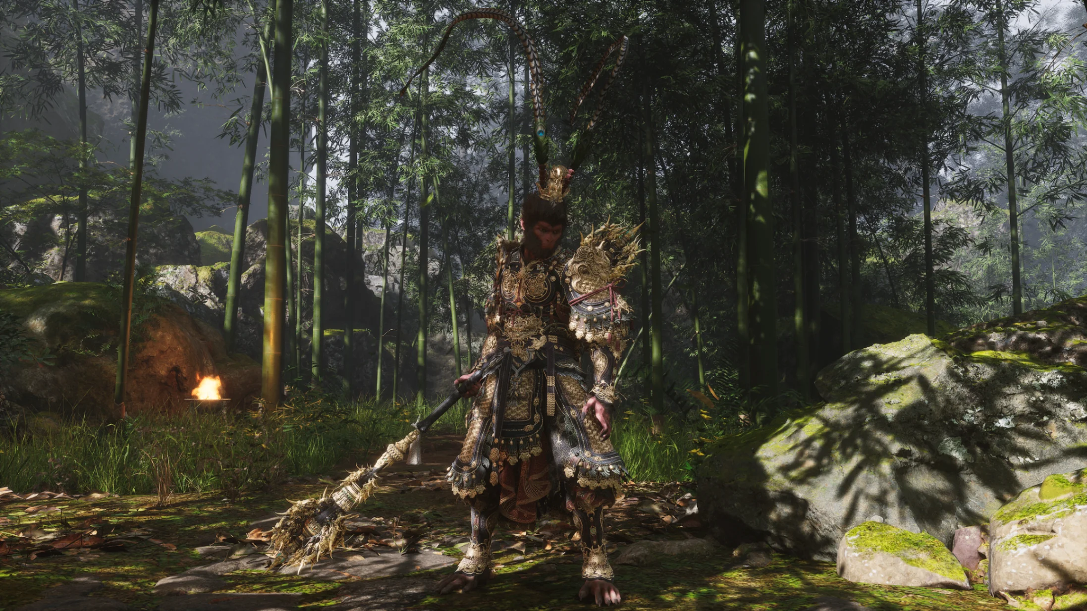 The Destined One stands in a bamboo forest, wielding his staff in Black Myth: Wukong.