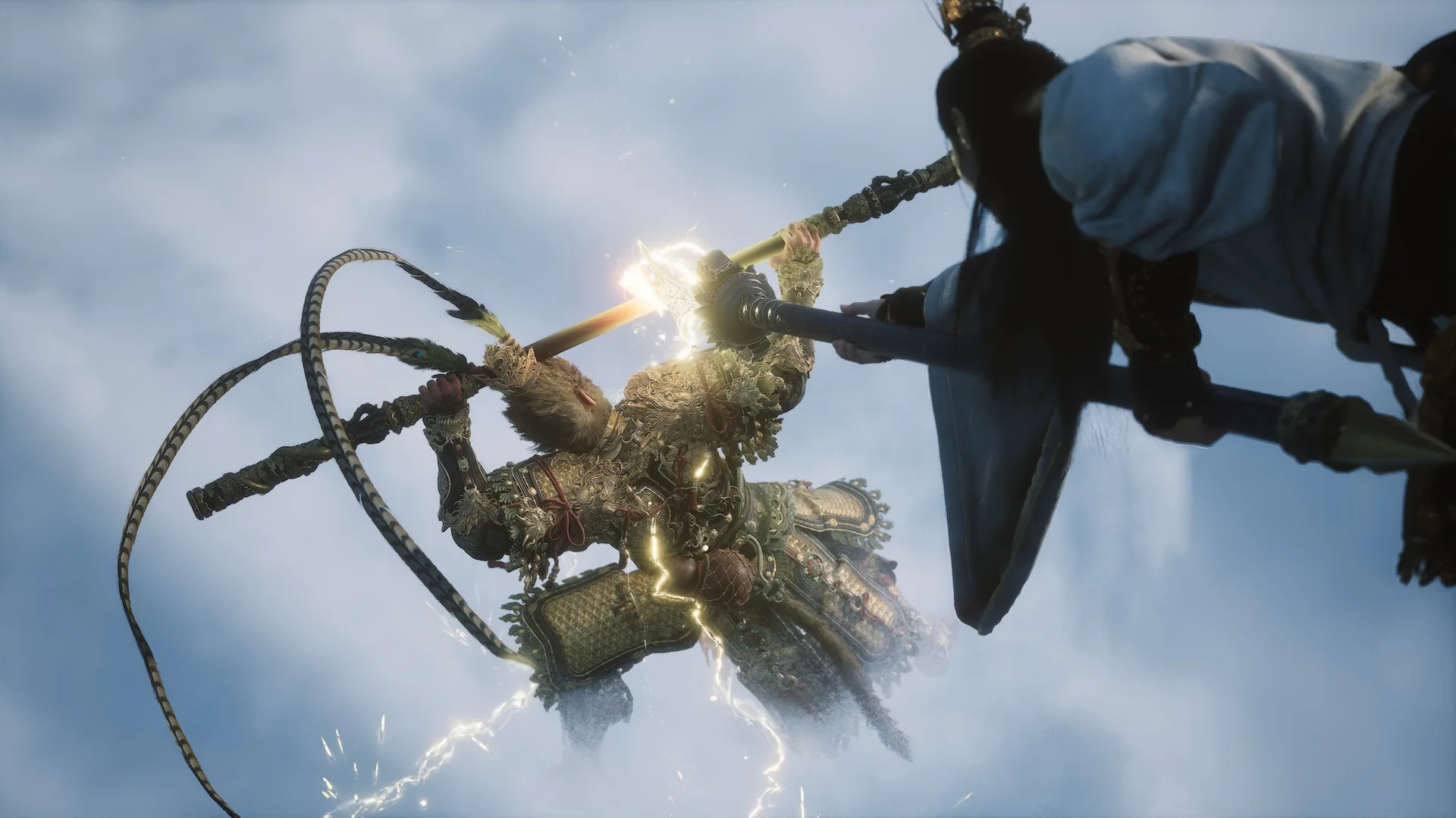 Sun Wukong clashes with Erlang Shen in a midair battle during the opening sequence of Black Myth: Wukong.