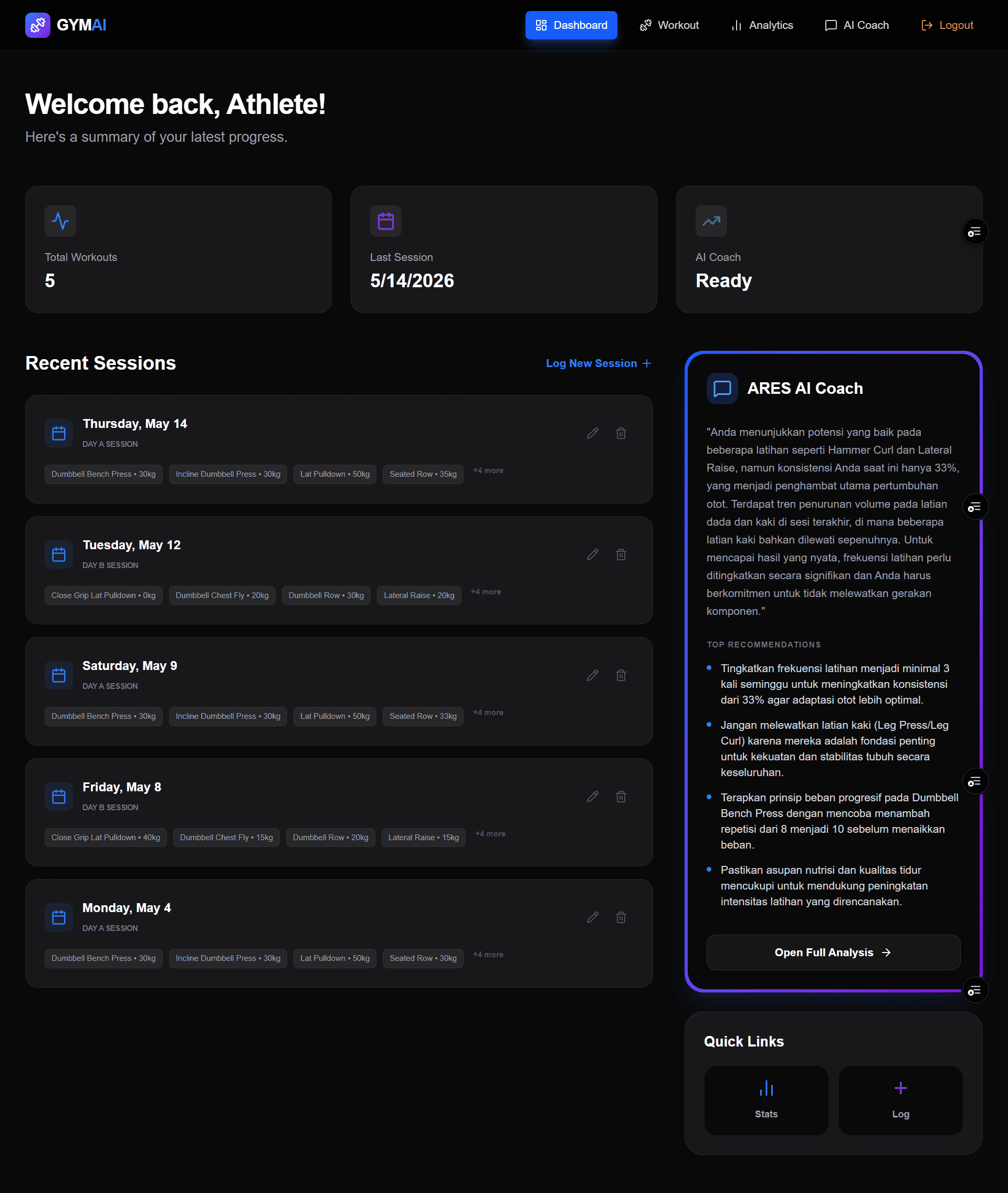 ARES AI – Gym Progress Tracker with AI Analysis