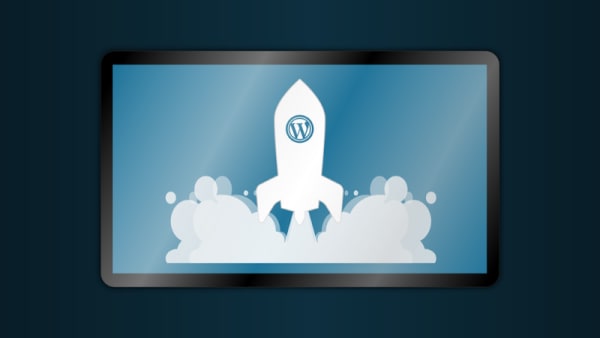 The WordPress logo on a rocket illustration.