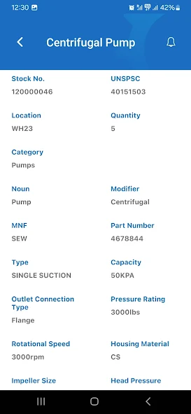 iCATM centrifugal pump item record with stock, UNSPSC, and attributes