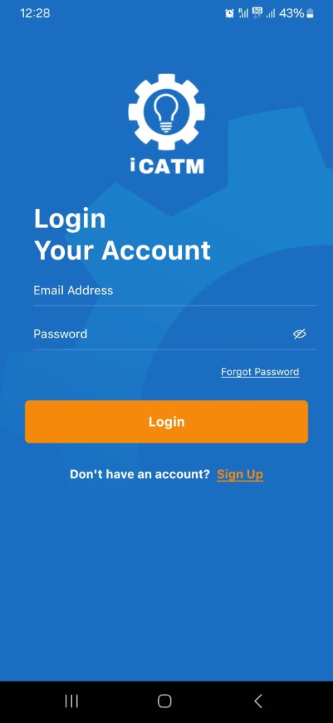 iCATM login screen with email, password, and sign up