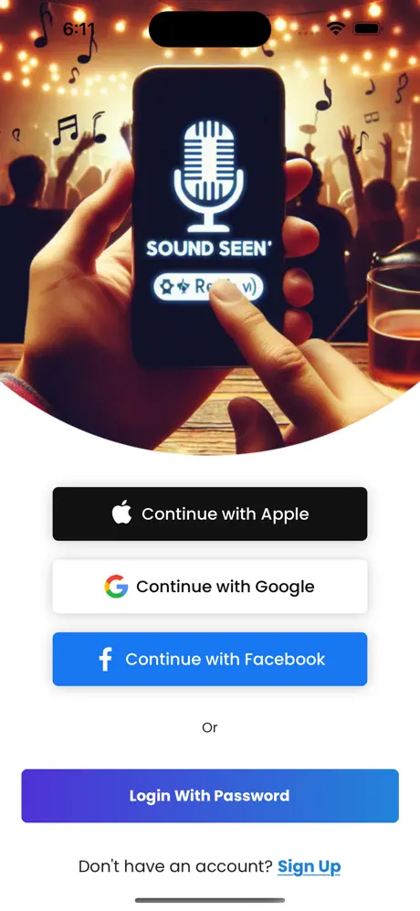 SoundSeen login with Apple, Google, Facebook, and password